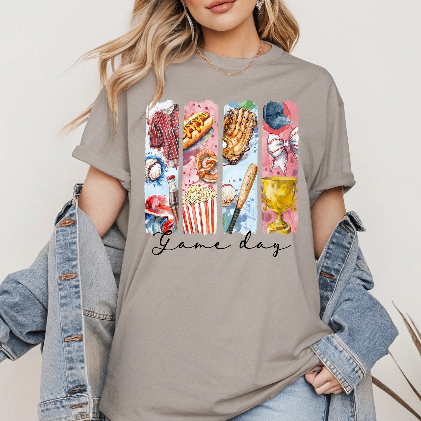 Watercolor Hotdog, Bat & Trophy Baseball Sport Shirt
