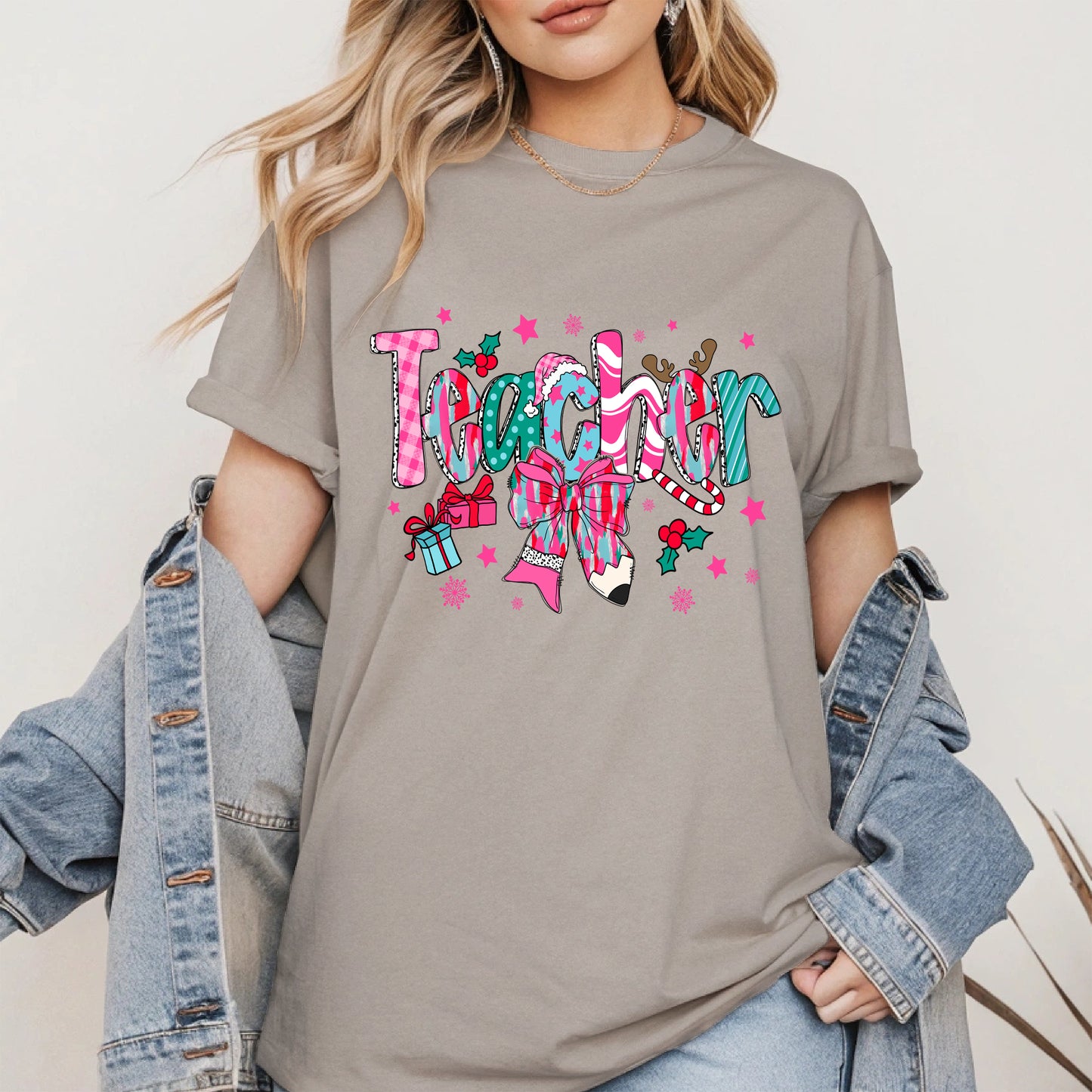 Christmas Teacher Shirt with Gifts and Bow