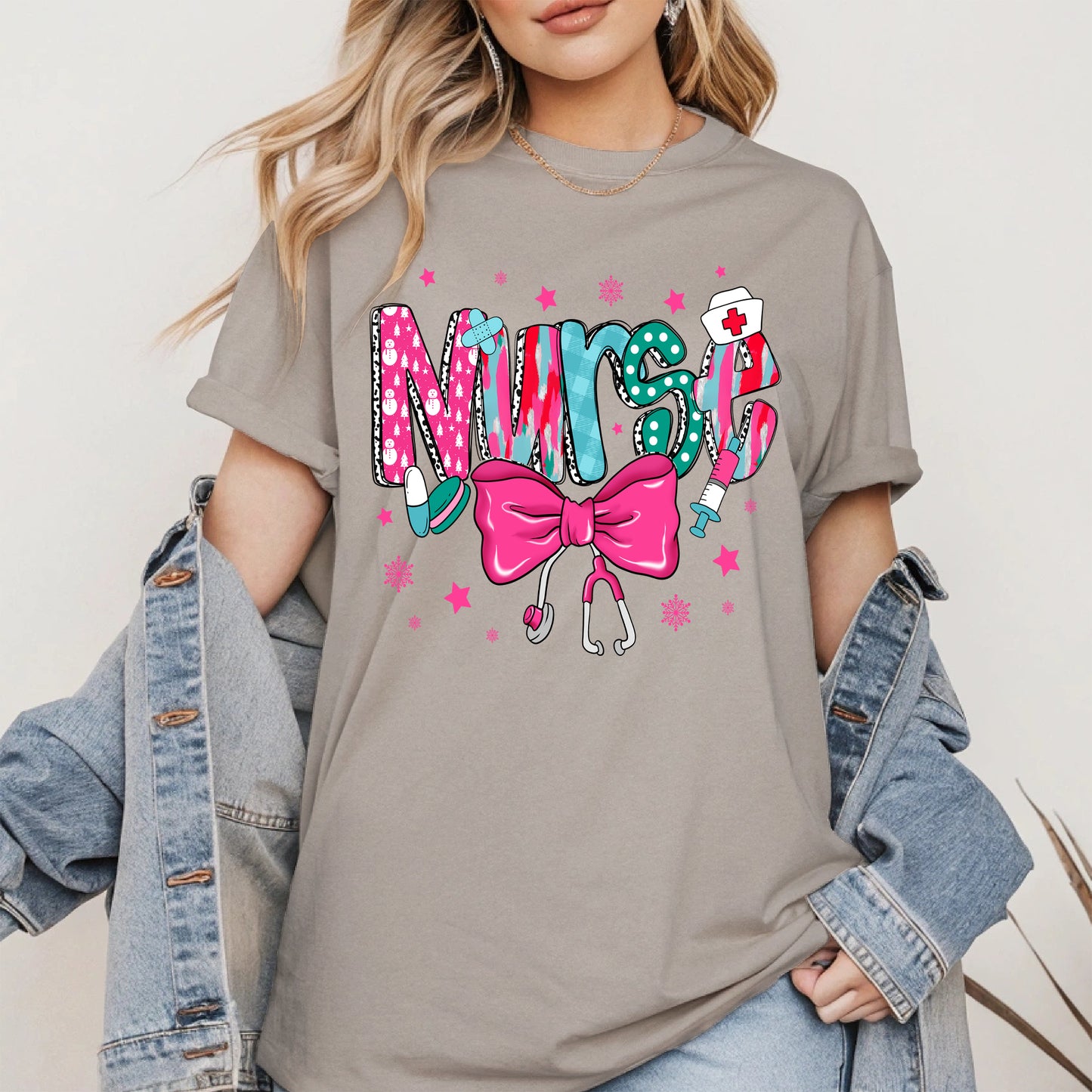 Nurse Christmas Shirt with Pink Bow and Holiday Icons