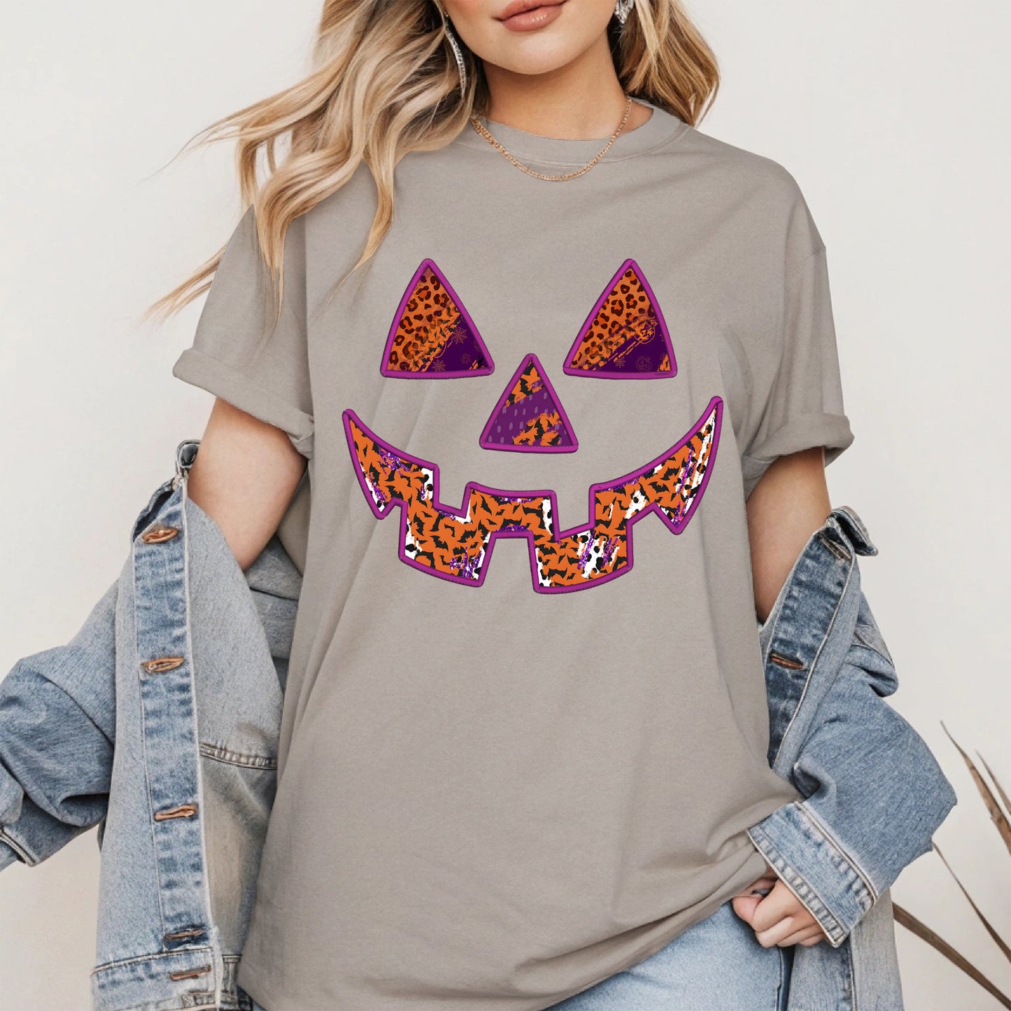 Pumpkin Face Faux Embroidery shirt