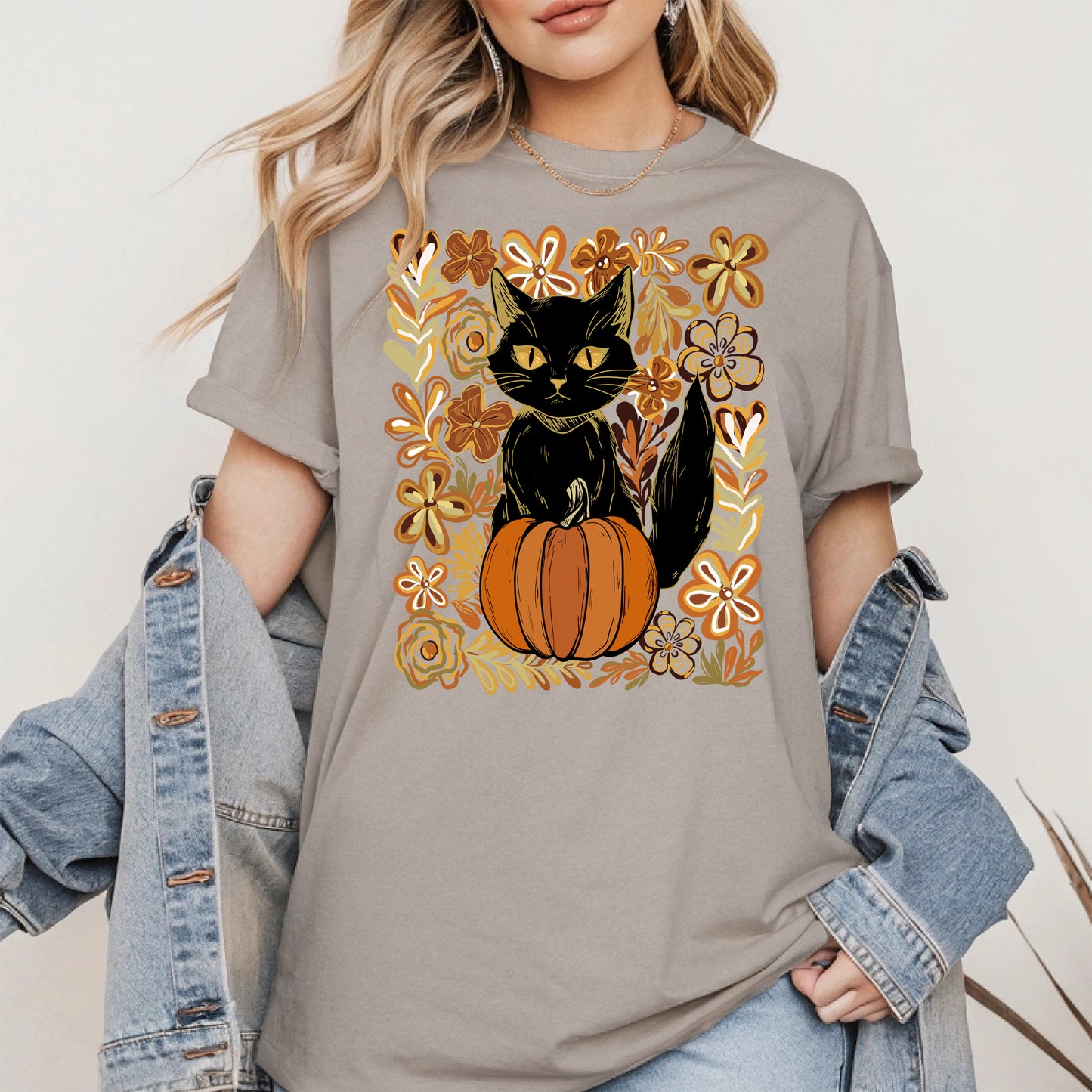 Floral Black cat Pumpkin halloween shirt