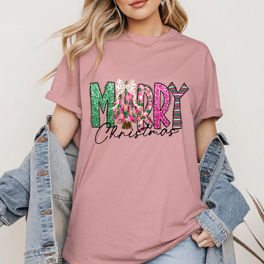 Merry Christmas Shirt Glitter Tree Holiday Tee