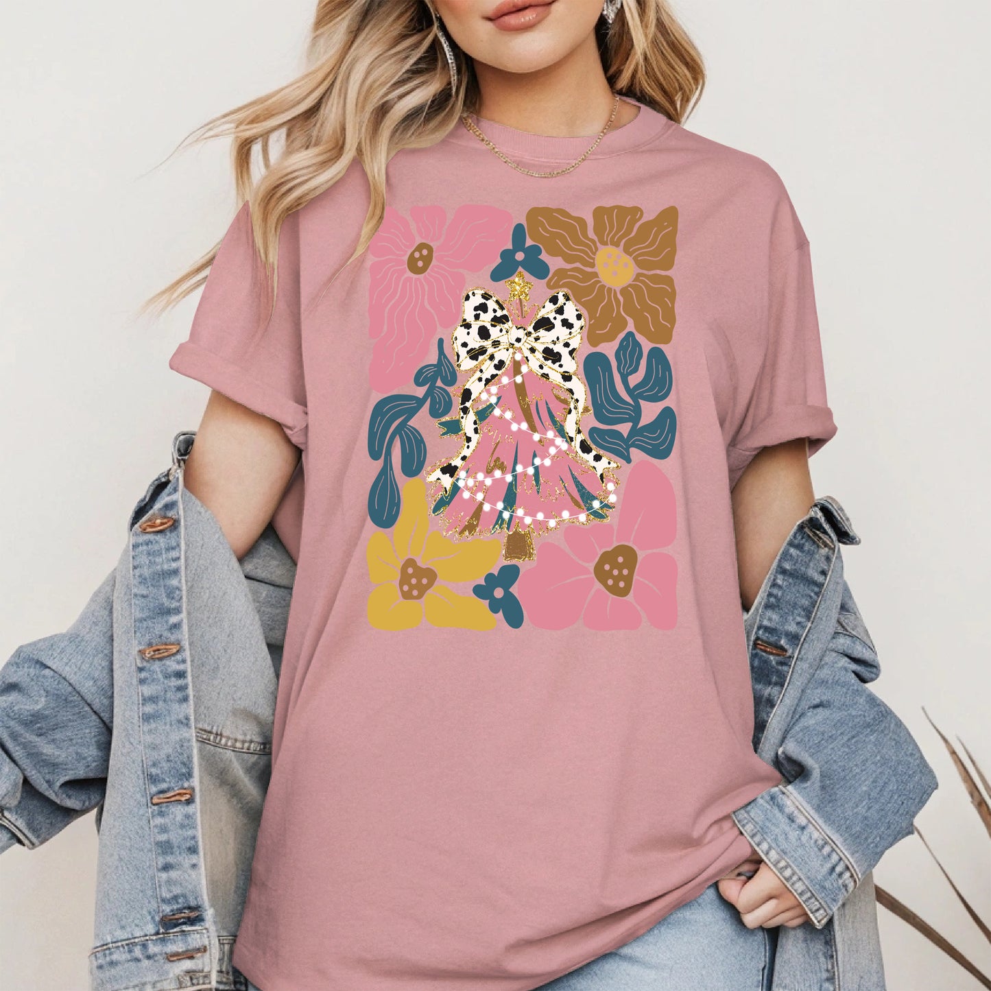 Christmas Tree Coquette Bow Floral Holiday Shirt