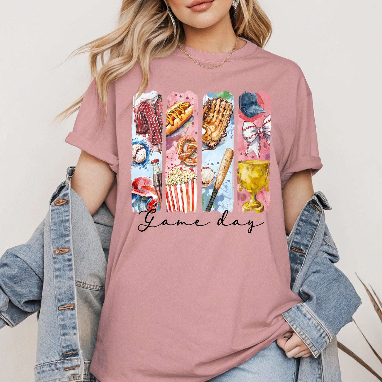 Watercolor Hotdog, Bat & Trophy Baseball Sport Shirt