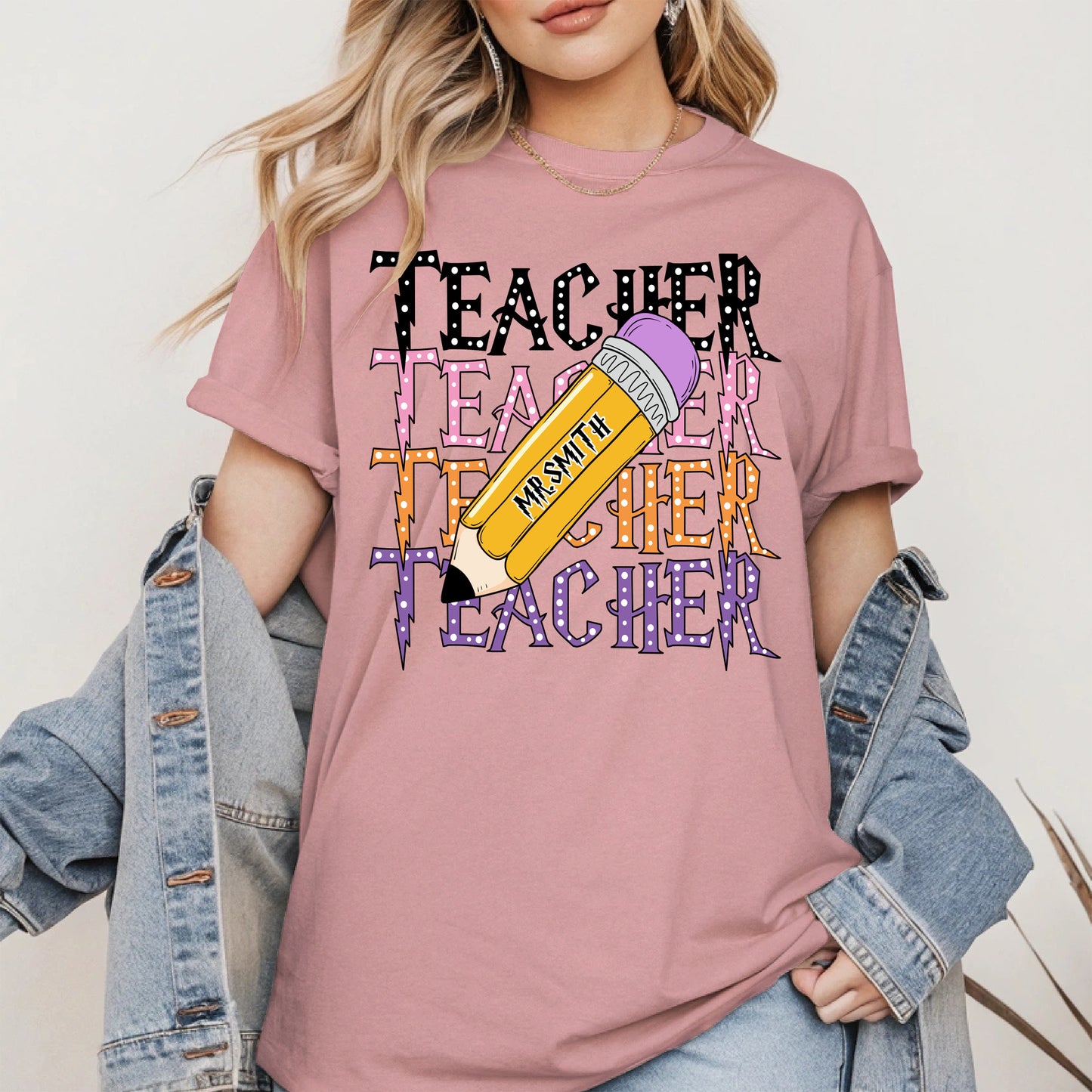 Retro Teacher Shirt with Personalized Pencil Name