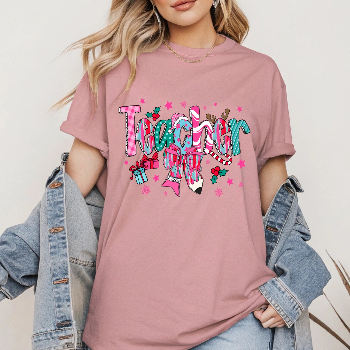 Christmas Teacher Shirt with Gifts and Bow
