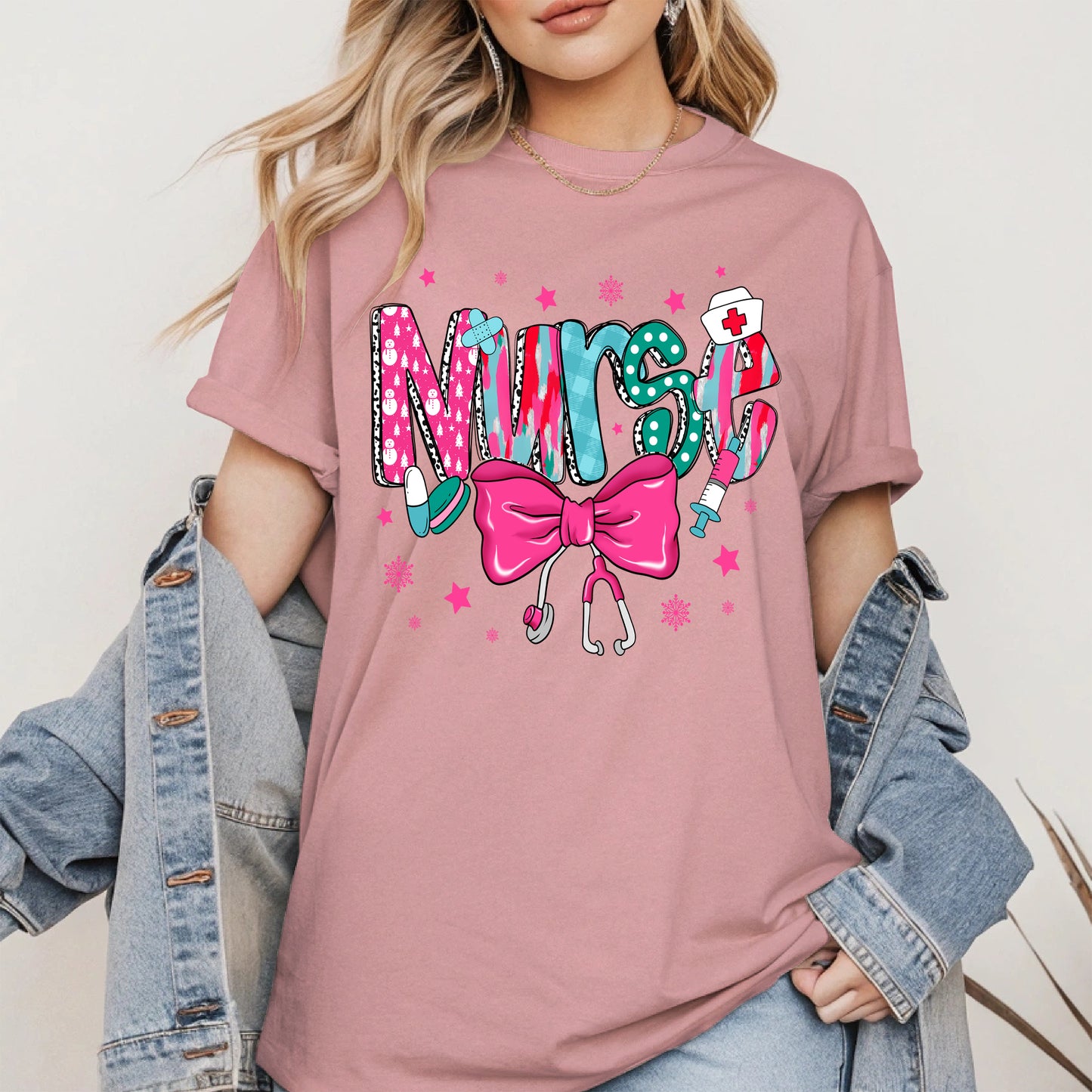 Nurse Christmas Shirt with Pink Bow and Holiday Icons