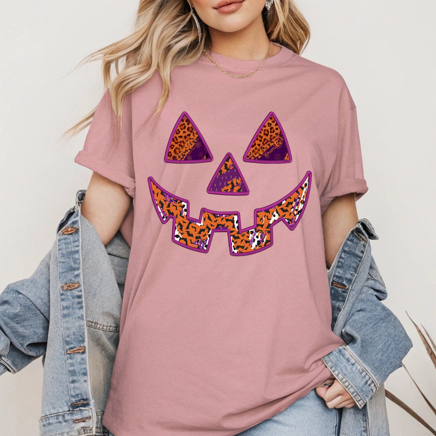 Pumpkin Face Faux Embroidery shirt