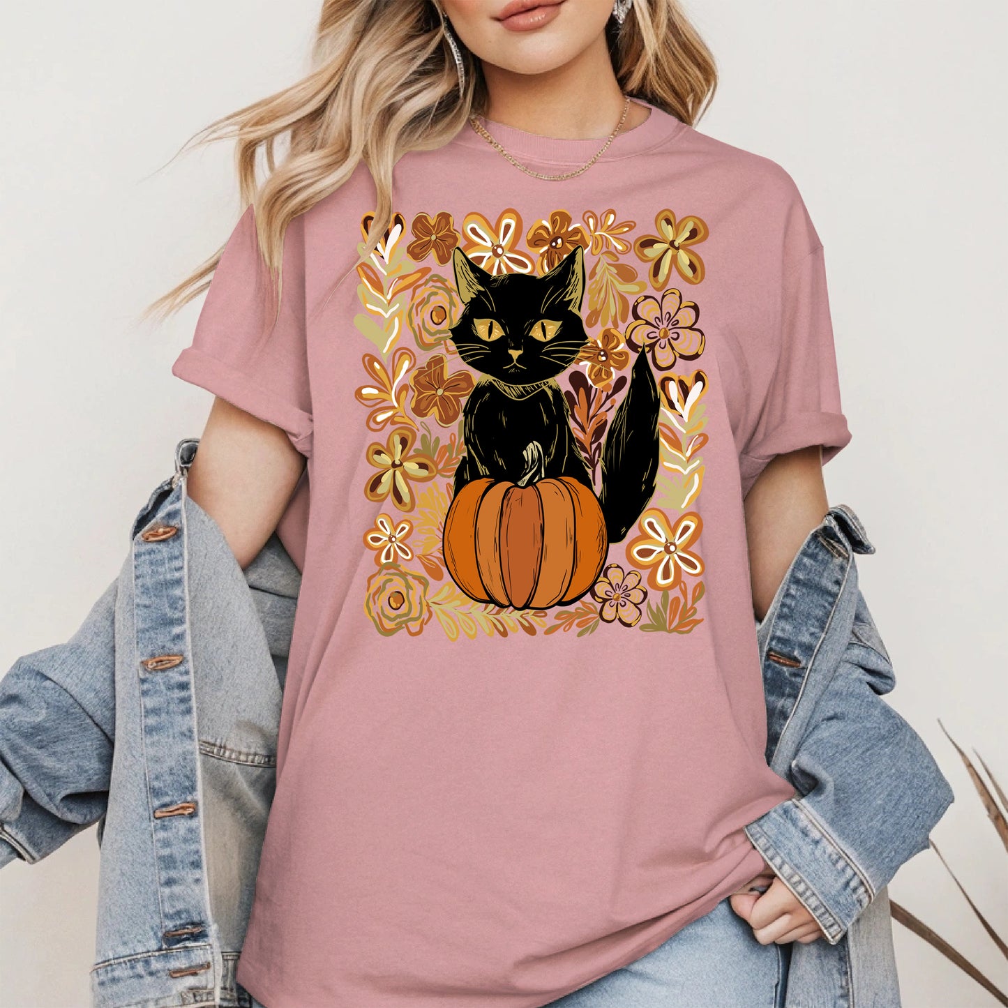 Floral Black cat Pumpkin halloween shirt