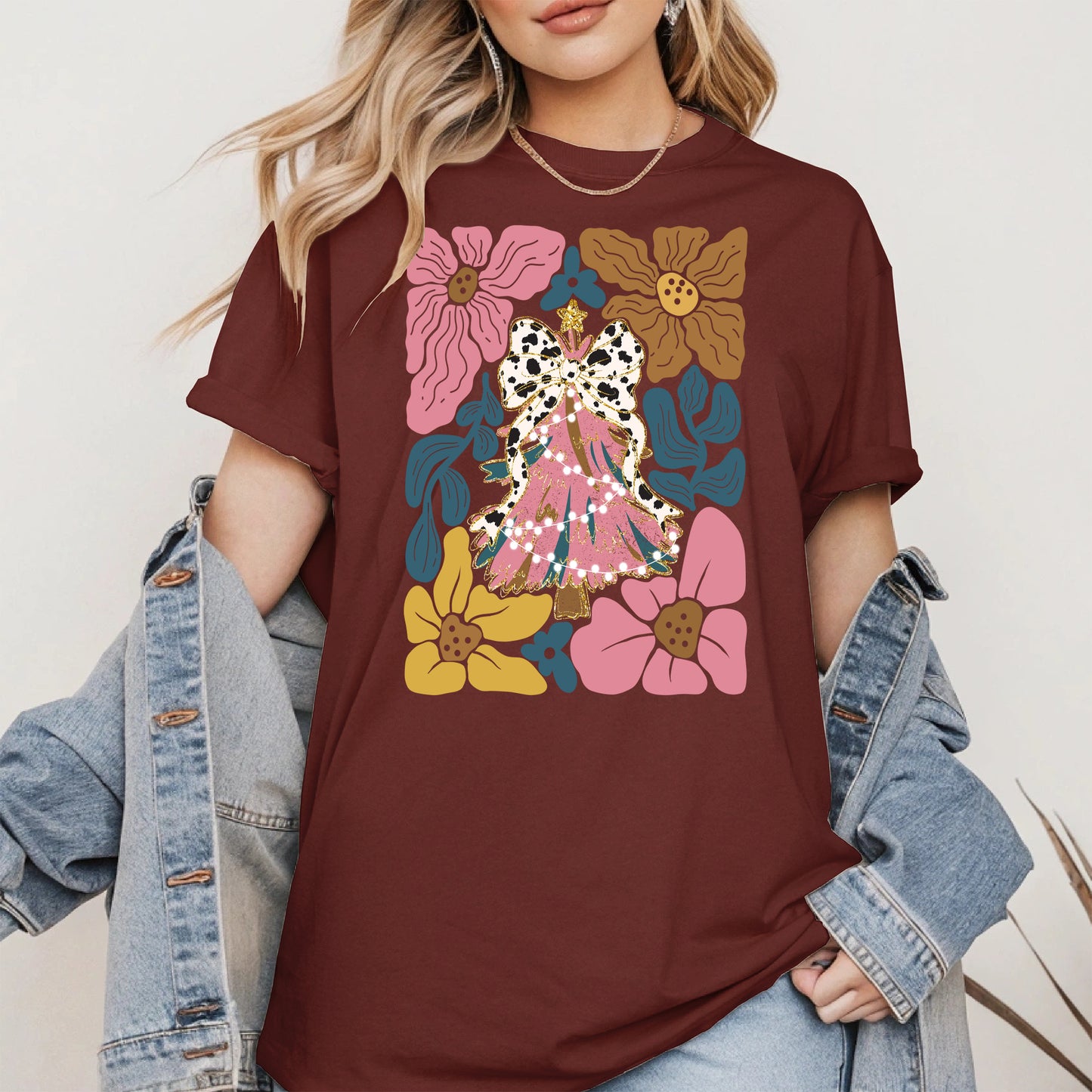 Christmas Tree Coquette Bow Floral Holiday Shirt