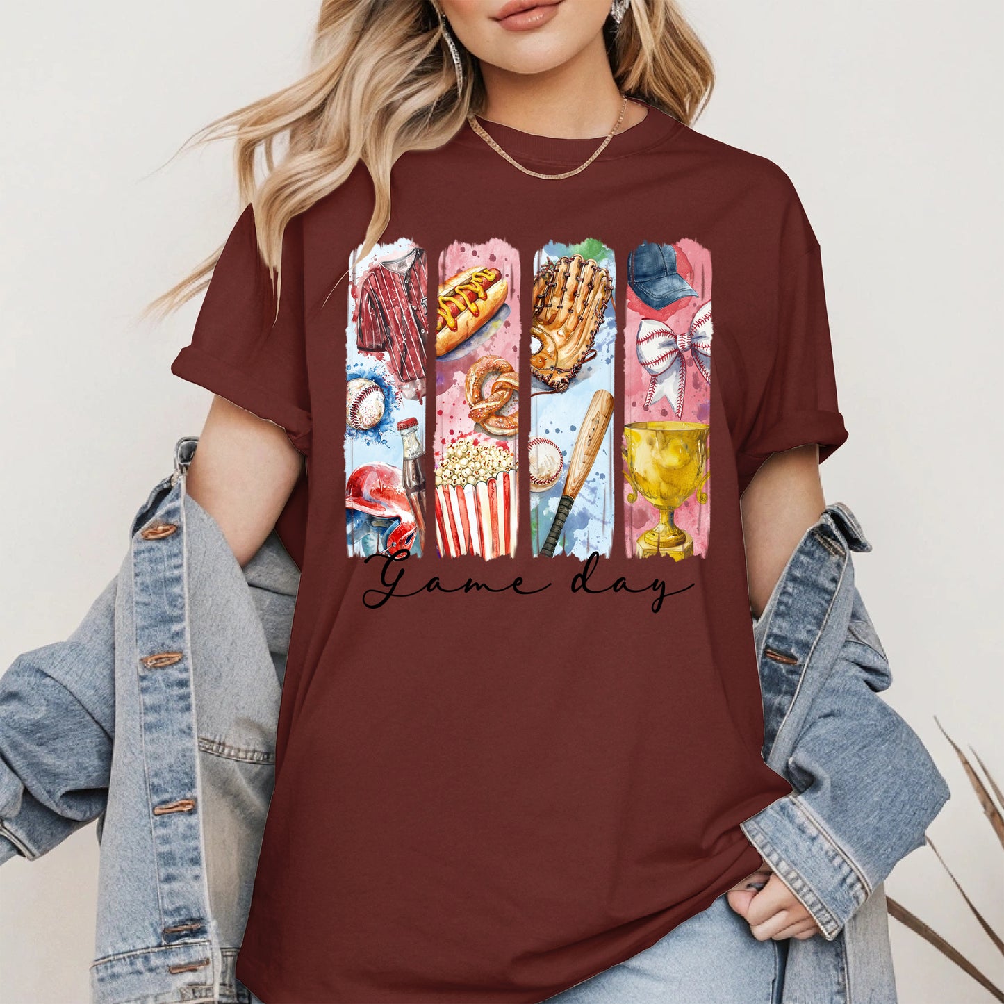 Watercolor Hotdog, Bat & Trophy Baseball Sport Shirt