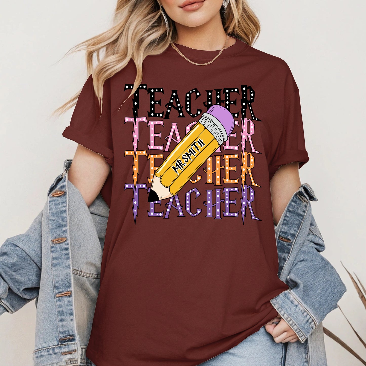 Retro Teacher Shirt with Personalized Pencil Name