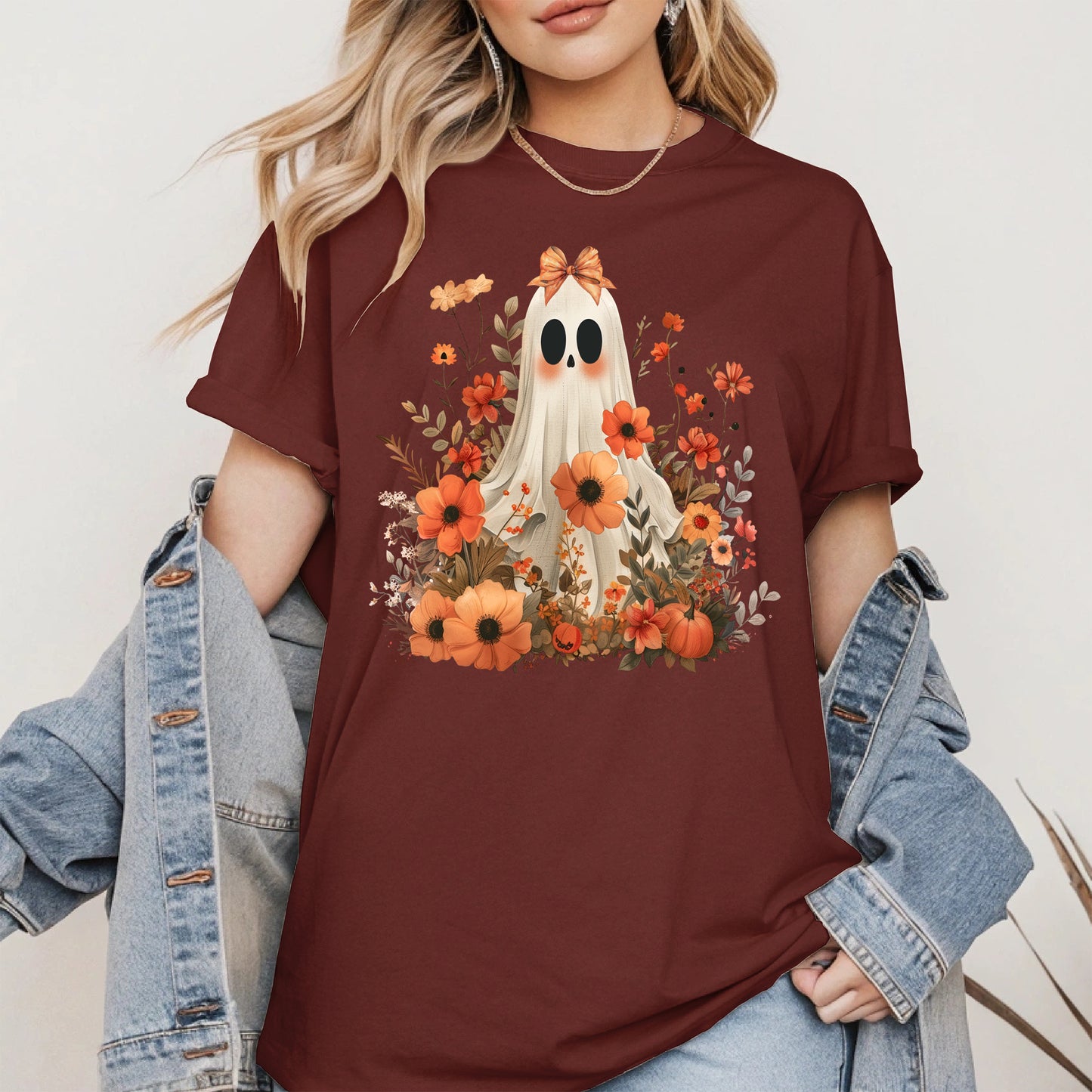 Autumn Ghost Floral Shirt Cute Fall Halloween Tee