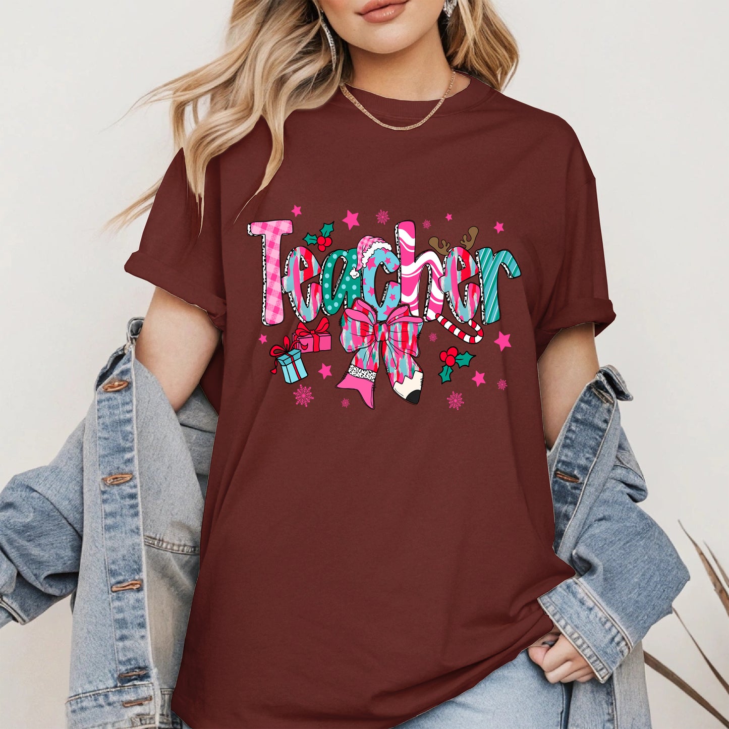 Christmas Teacher Shirt with Gifts and Bow