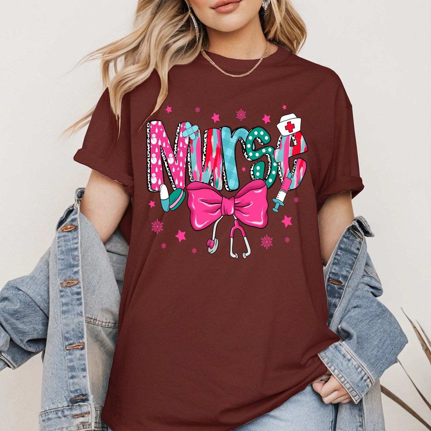 Nurse Christmas Shirt with Pink Bow and Holiday Icons