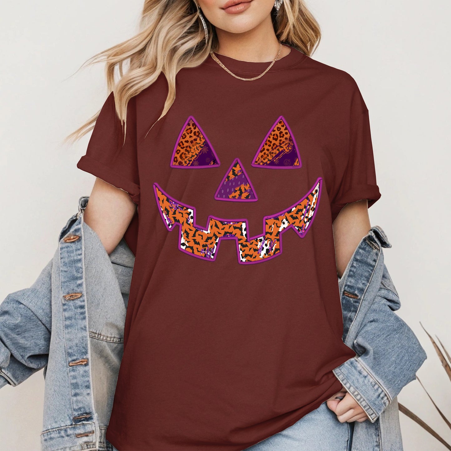 Pumpkin Face Faux Embroidery shirt