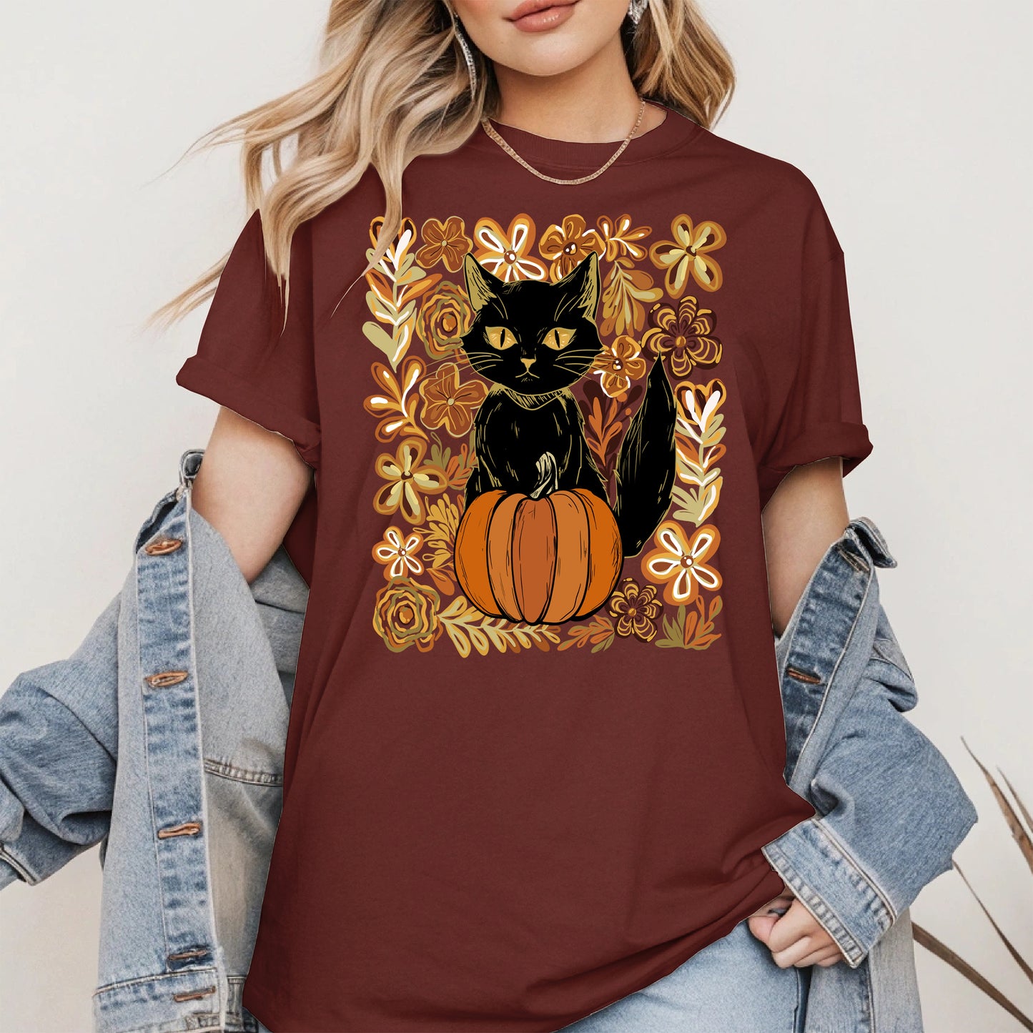 Floral Black cat Pumpkin halloween shirt