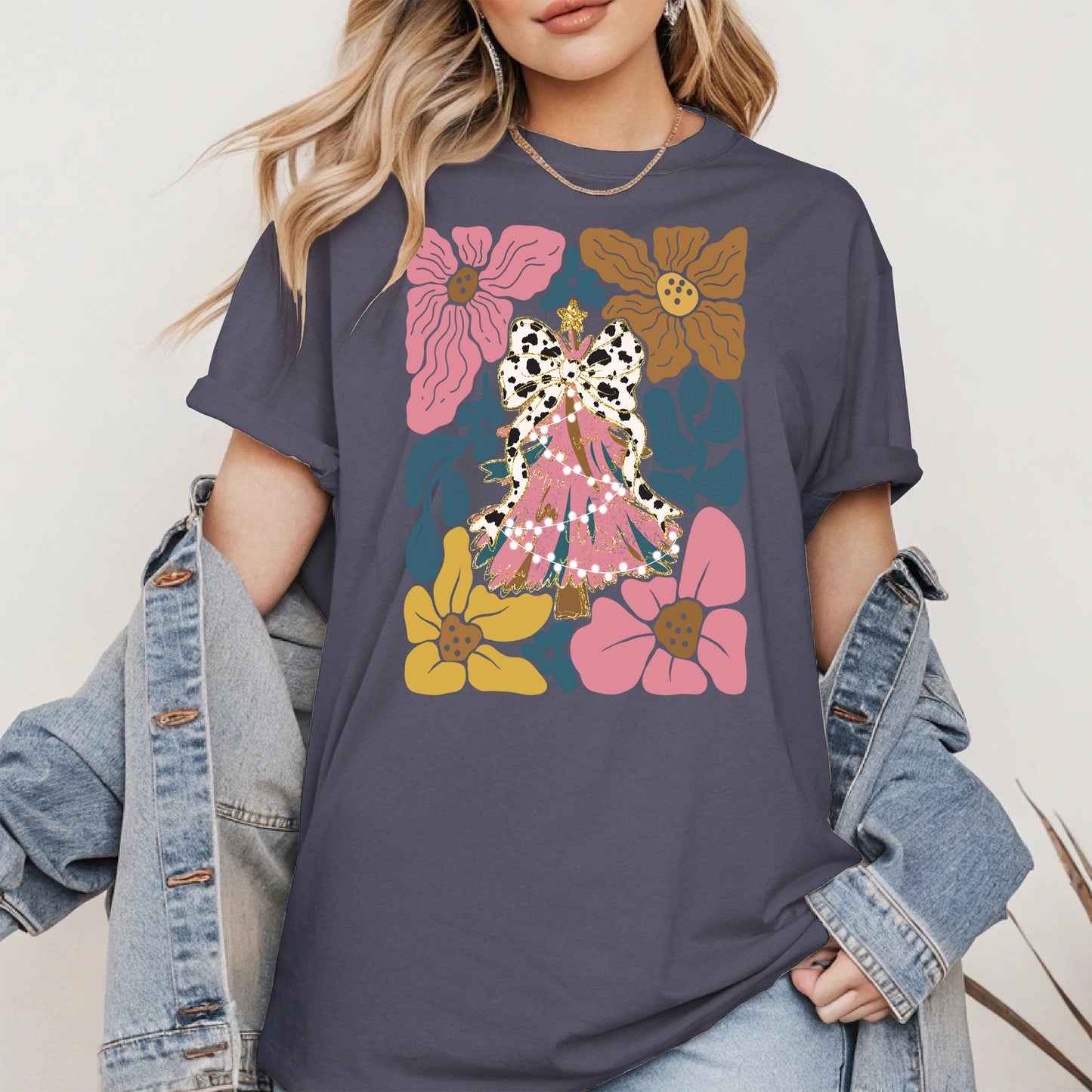 Christmas Tree Coquette Bow Floral Holiday Shirt