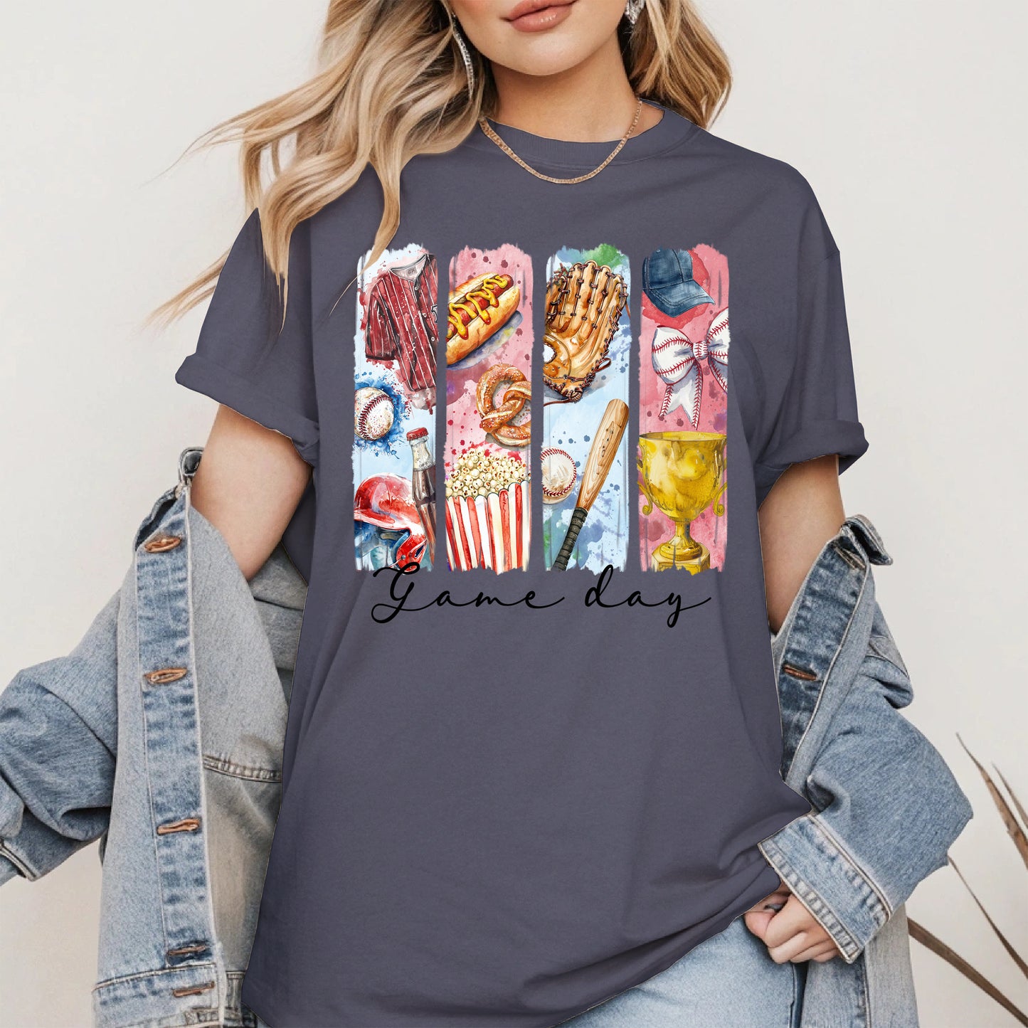 Watercolor Hotdog, Bat & Trophy Baseball Sport Shirt