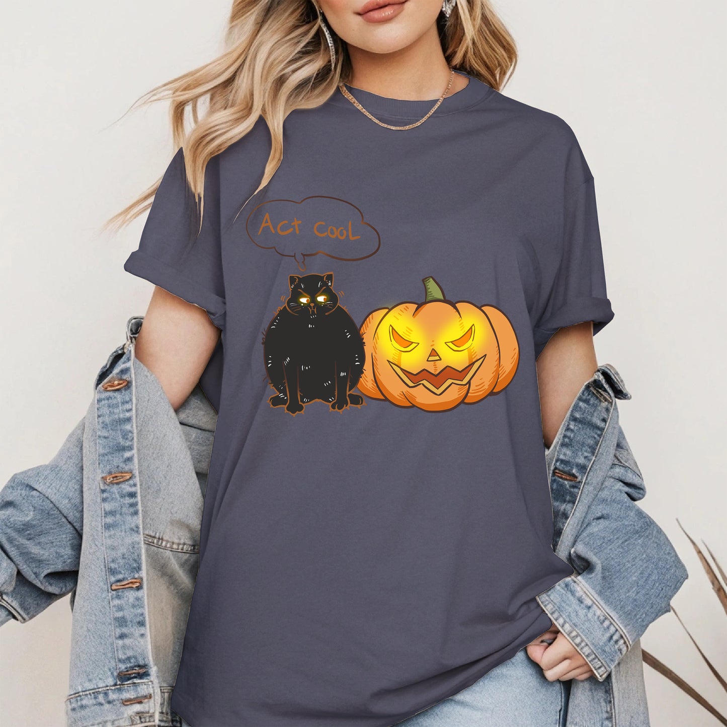 Act Cool - Black Cat & Pumpkin Halloween Tee
