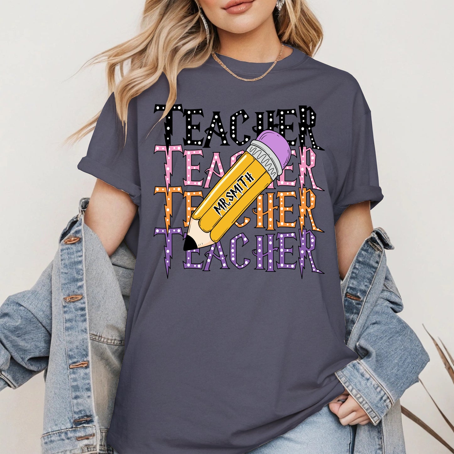 Retro Teacher Shirt with Personalized Pencil Name