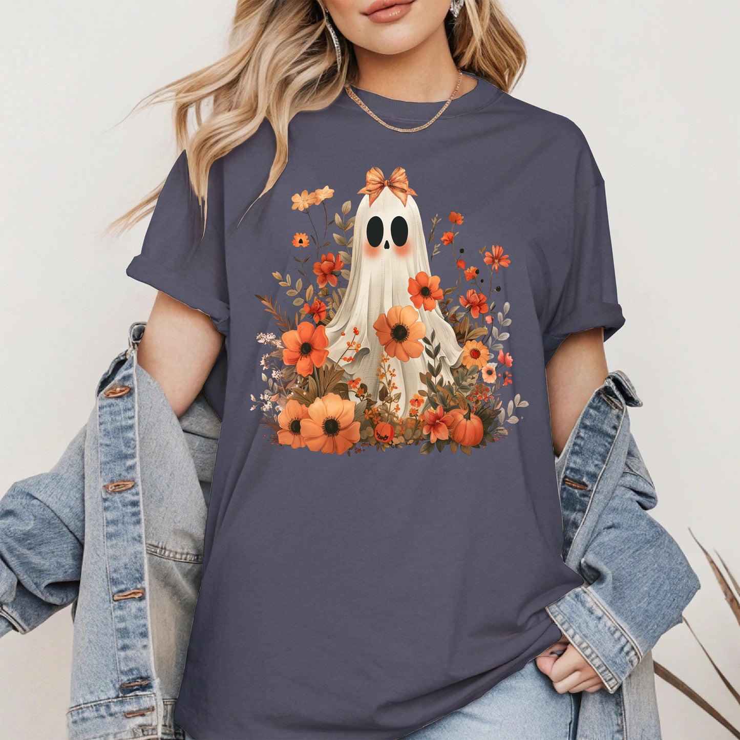 Autumn Ghost Floral Shirt Cute Fall Halloween Tee