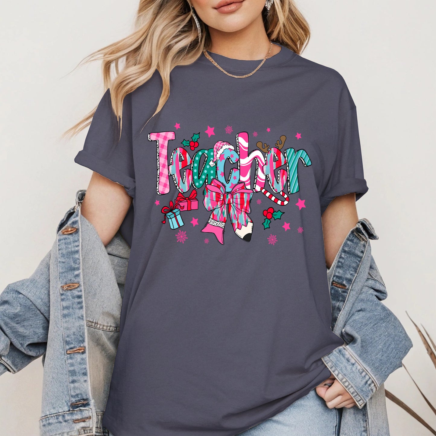 Christmas Teacher Shirt with Gifts and Bow