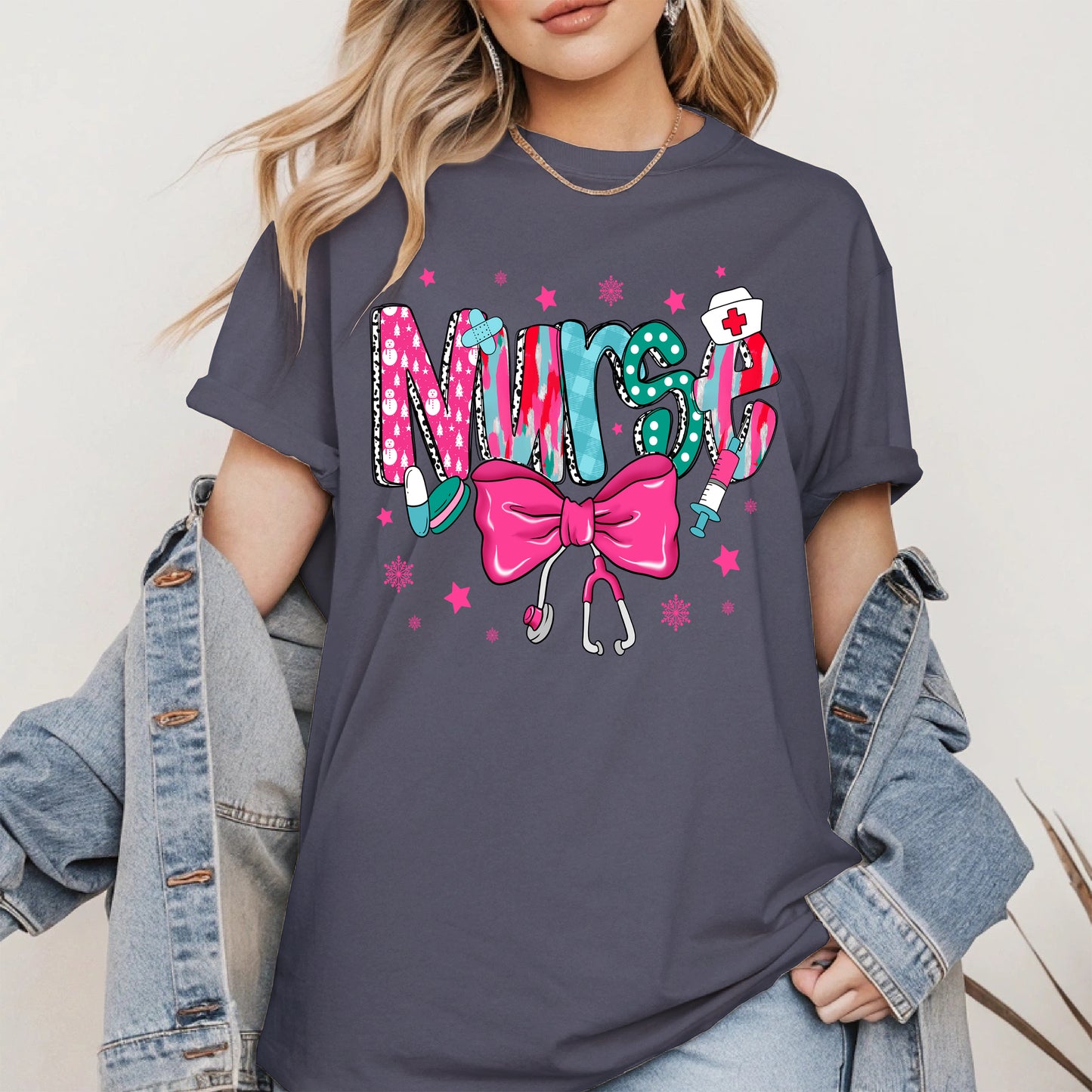 Nurse Christmas Shirt with Pink Bow and Holiday Icons