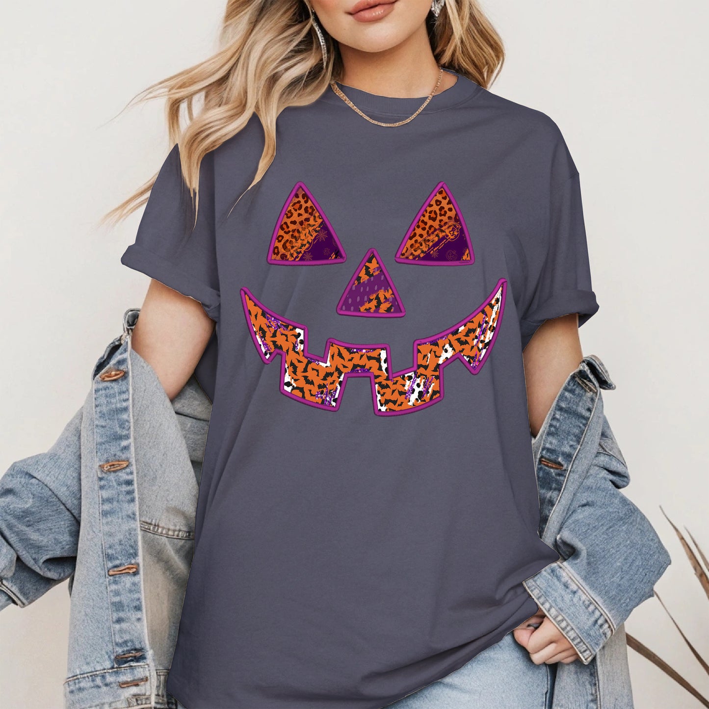Pumpkin Face Faux Embroidery shirt