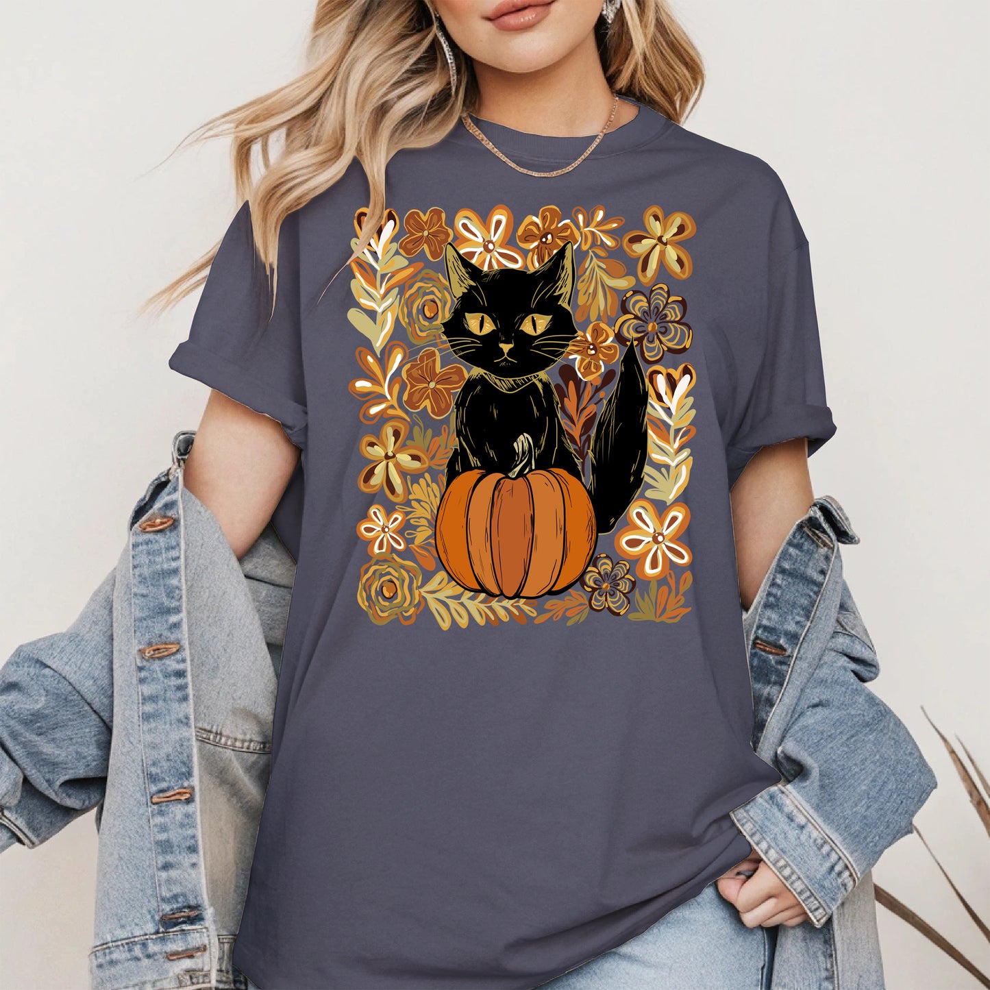 Floral Black cat Pumpkin halloween shirt