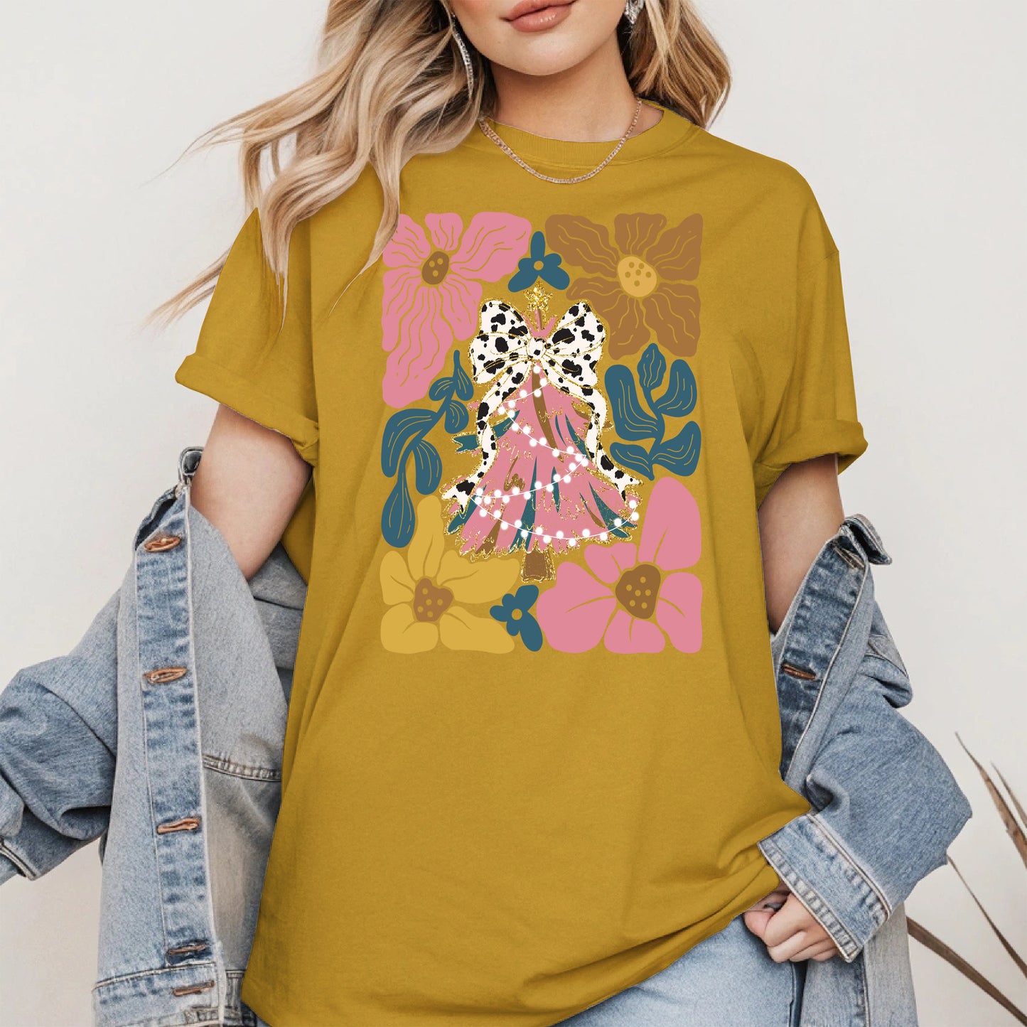 Christmas Tree Coquette Bow Floral Holiday Shirt