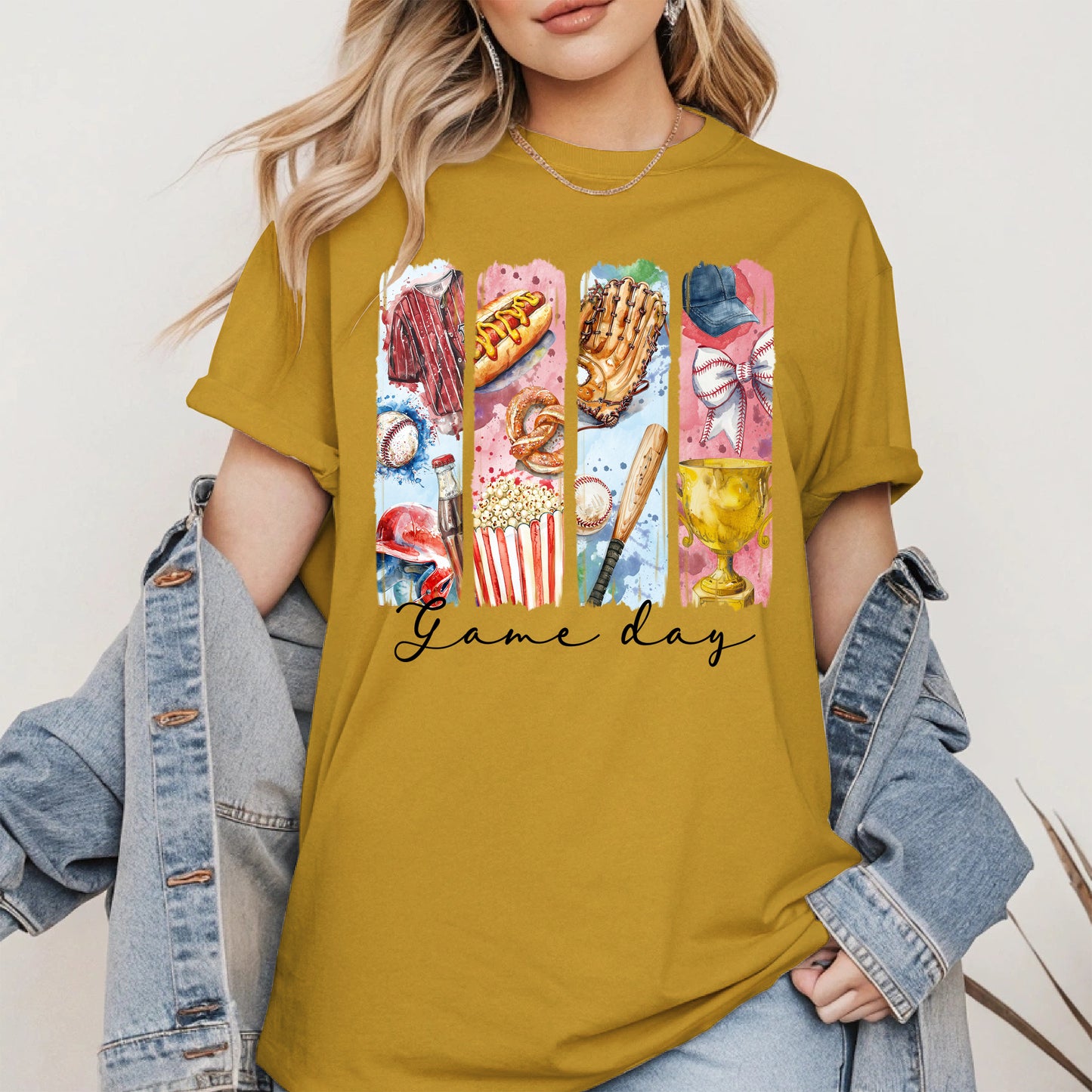 Watercolor Hotdog, Bat & Trophy Baseball Sport Shirt
