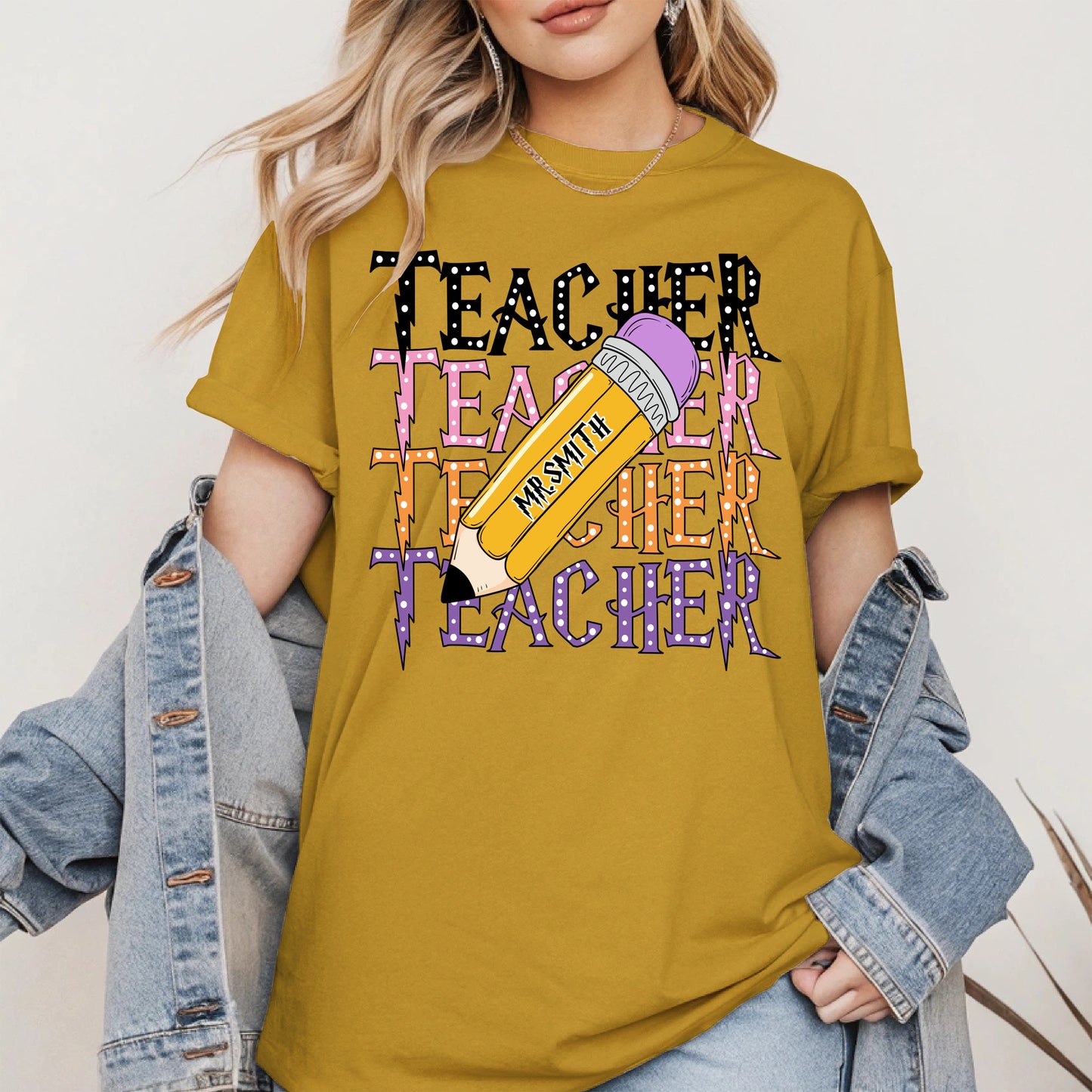 Retro Teacher Shirt with Personalized Pencil Name