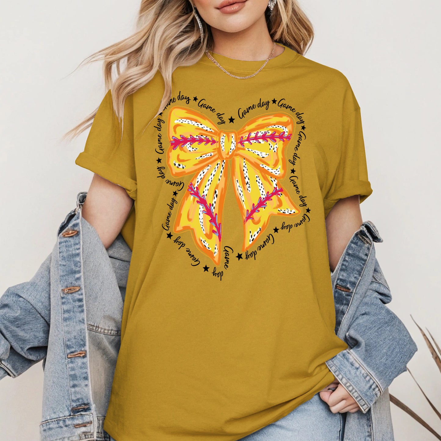 Yellow Baseball Bow Shirt Sport Tee Hoodie Sweatshirt Gift for Fans