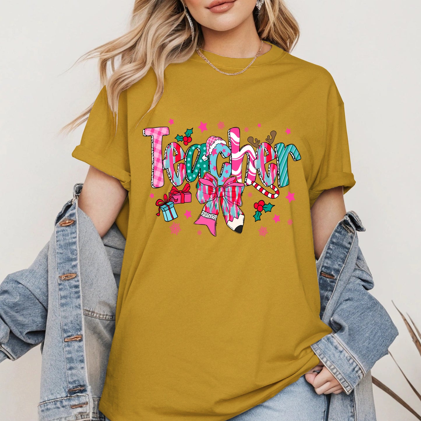 Christmas Teacher Shirt with Gifts and Bow