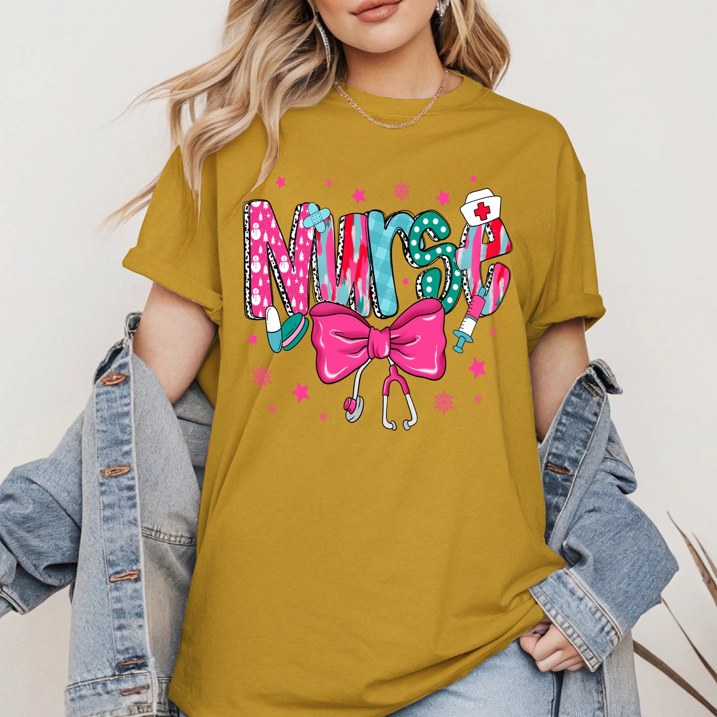 Nurse Christmas Shirt with Pink Bow and Holiday Icons