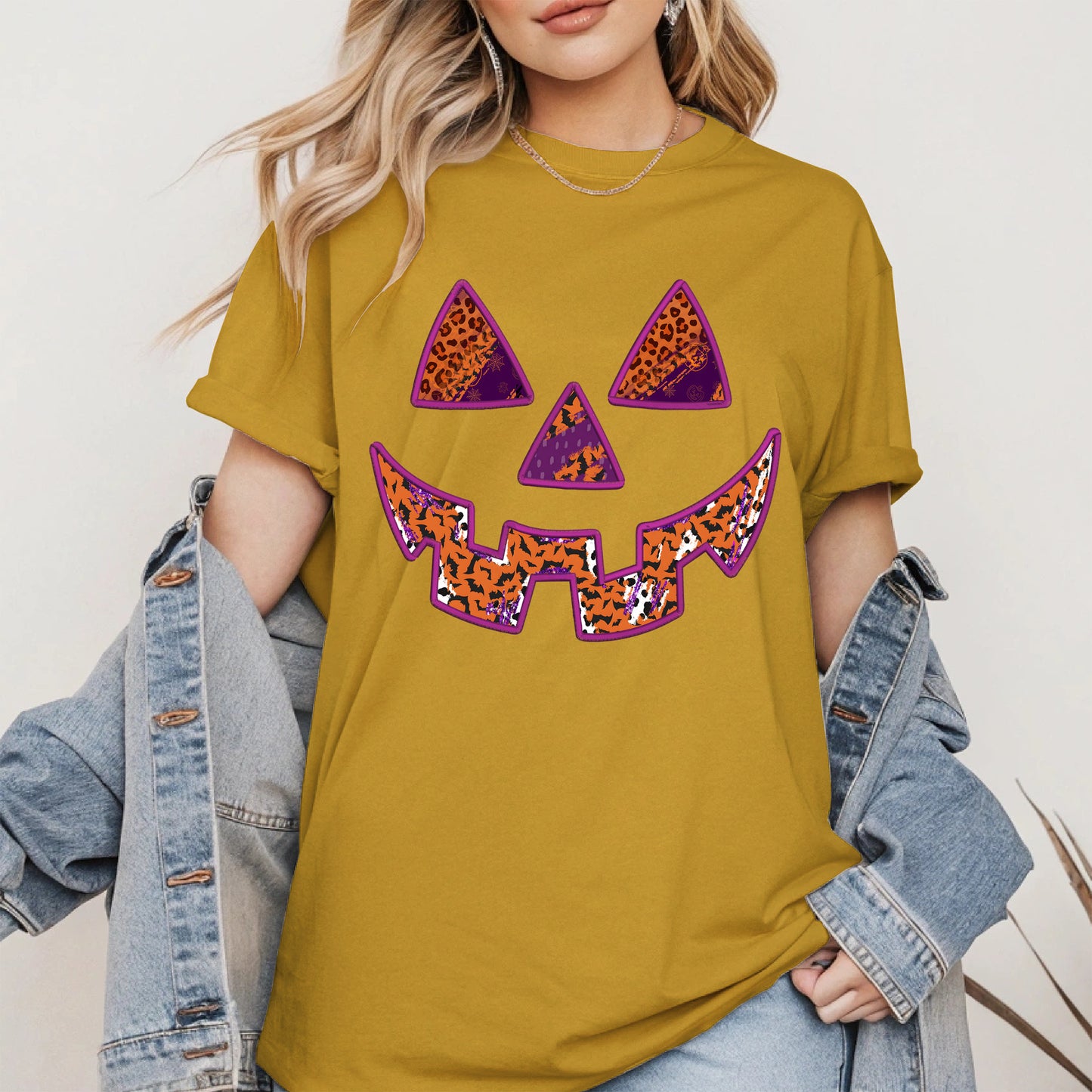 Pumpkin Face Faux Embroidery shirt