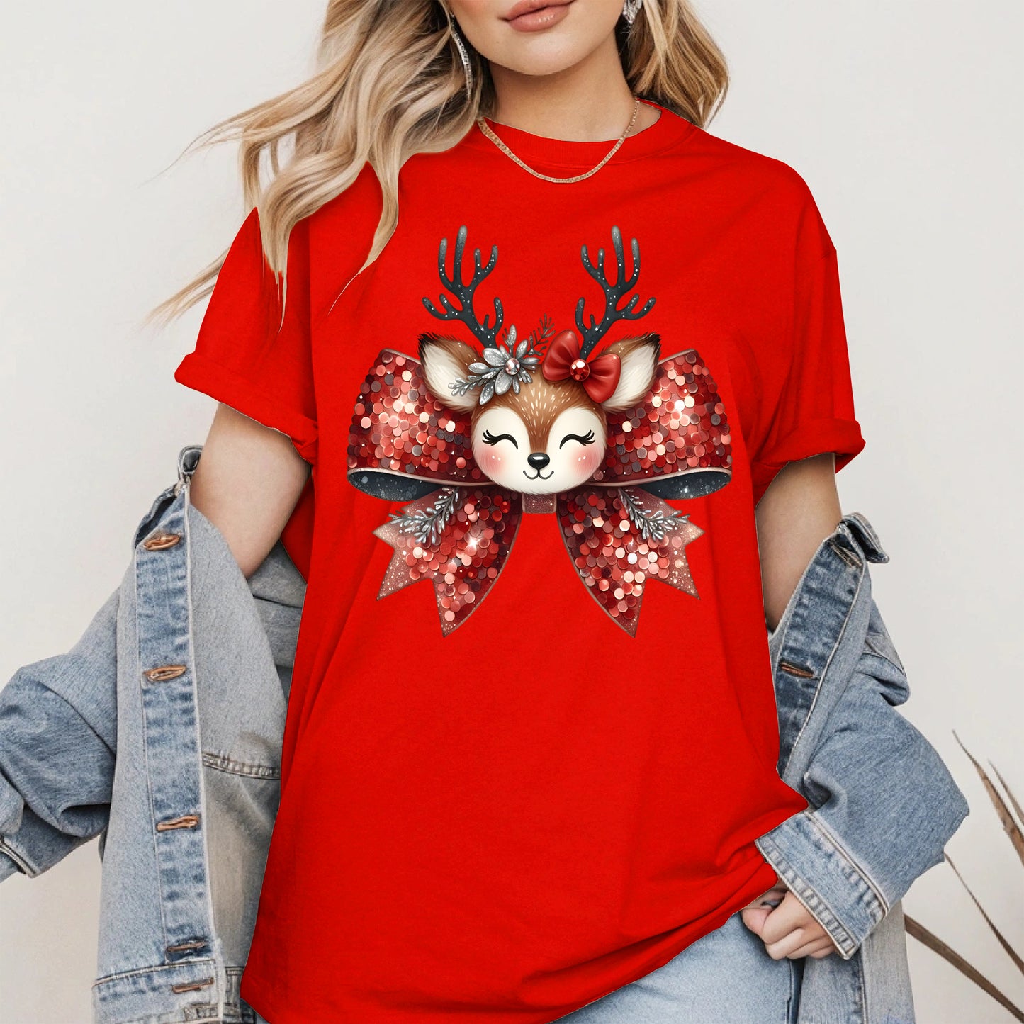 Cute Reindeer Bow Christmas Shirt for Women