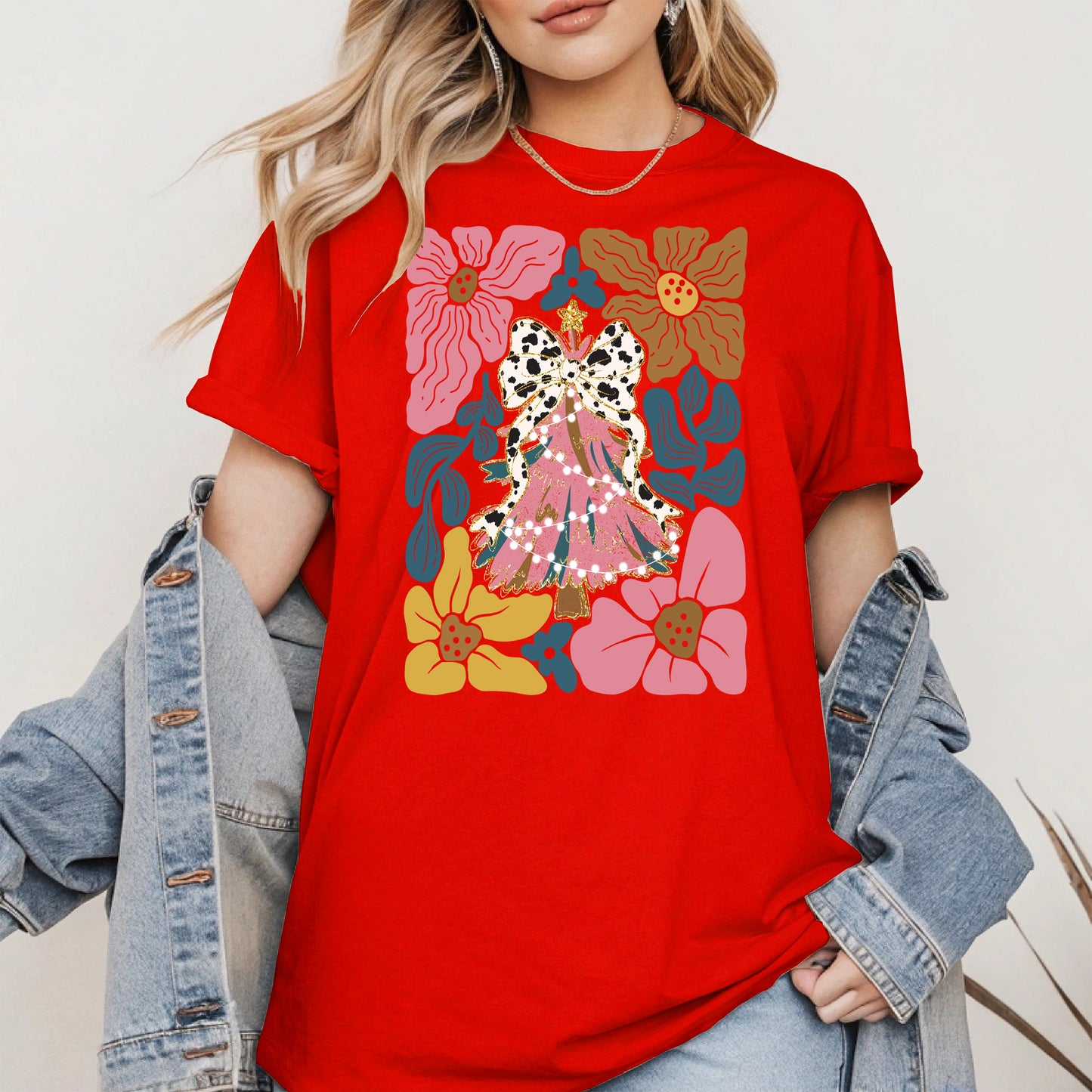 Christmas Tree Coquette Bow Floral Holiday Shirt