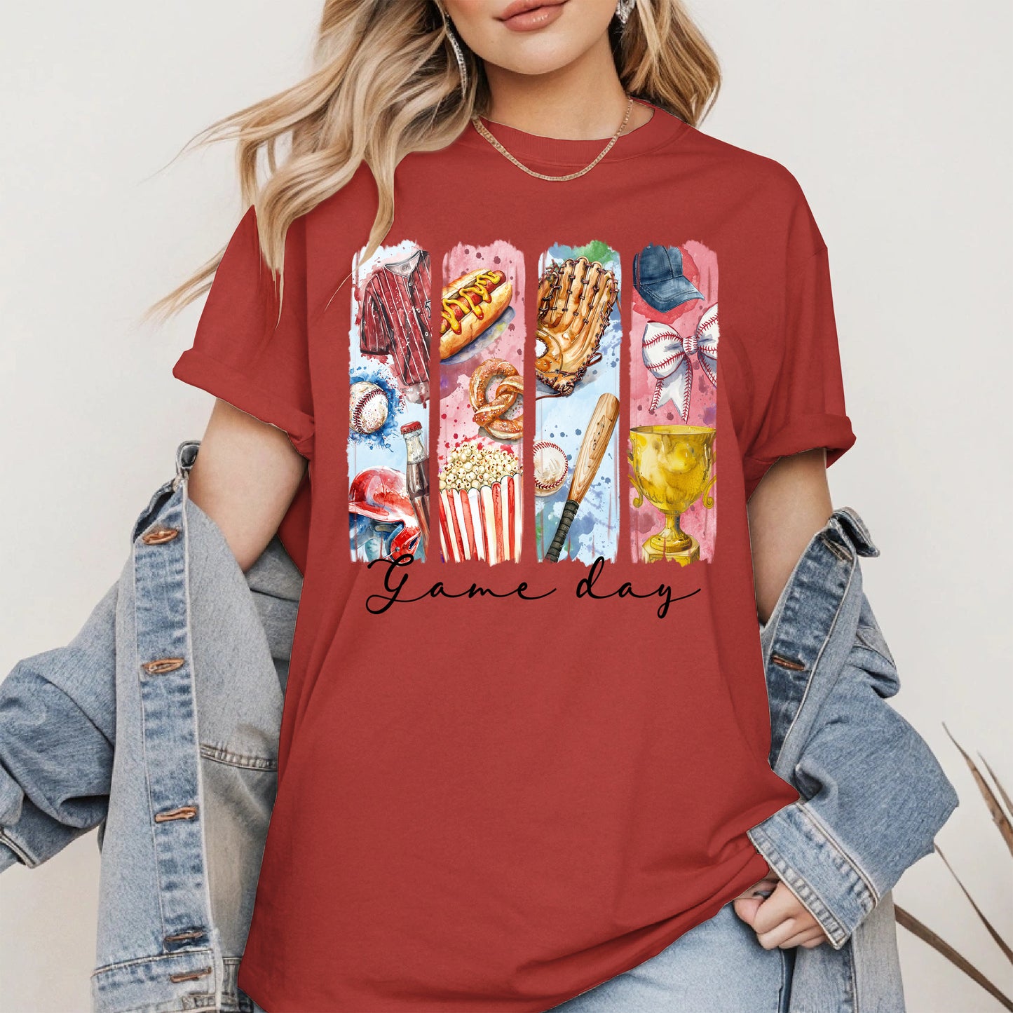 Watercolor Hotdog, Bat & Trophy Baseball Sport Shirt