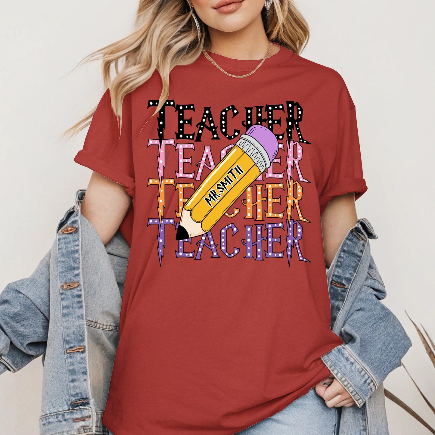 Retro Teacher Shirt with Personalized Pencil Name