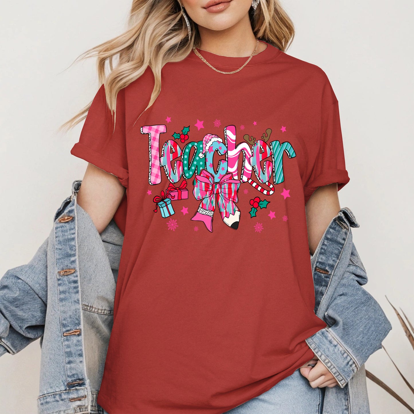 Christmas Teacher Shirt with Gifts and Bow