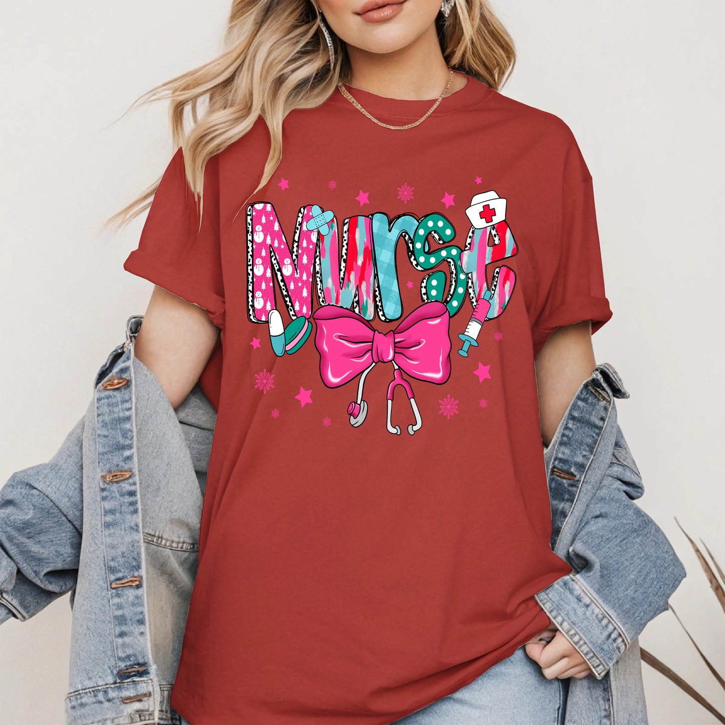 Nurse Christmas Shirt with Pink Bow and Holiday Icons