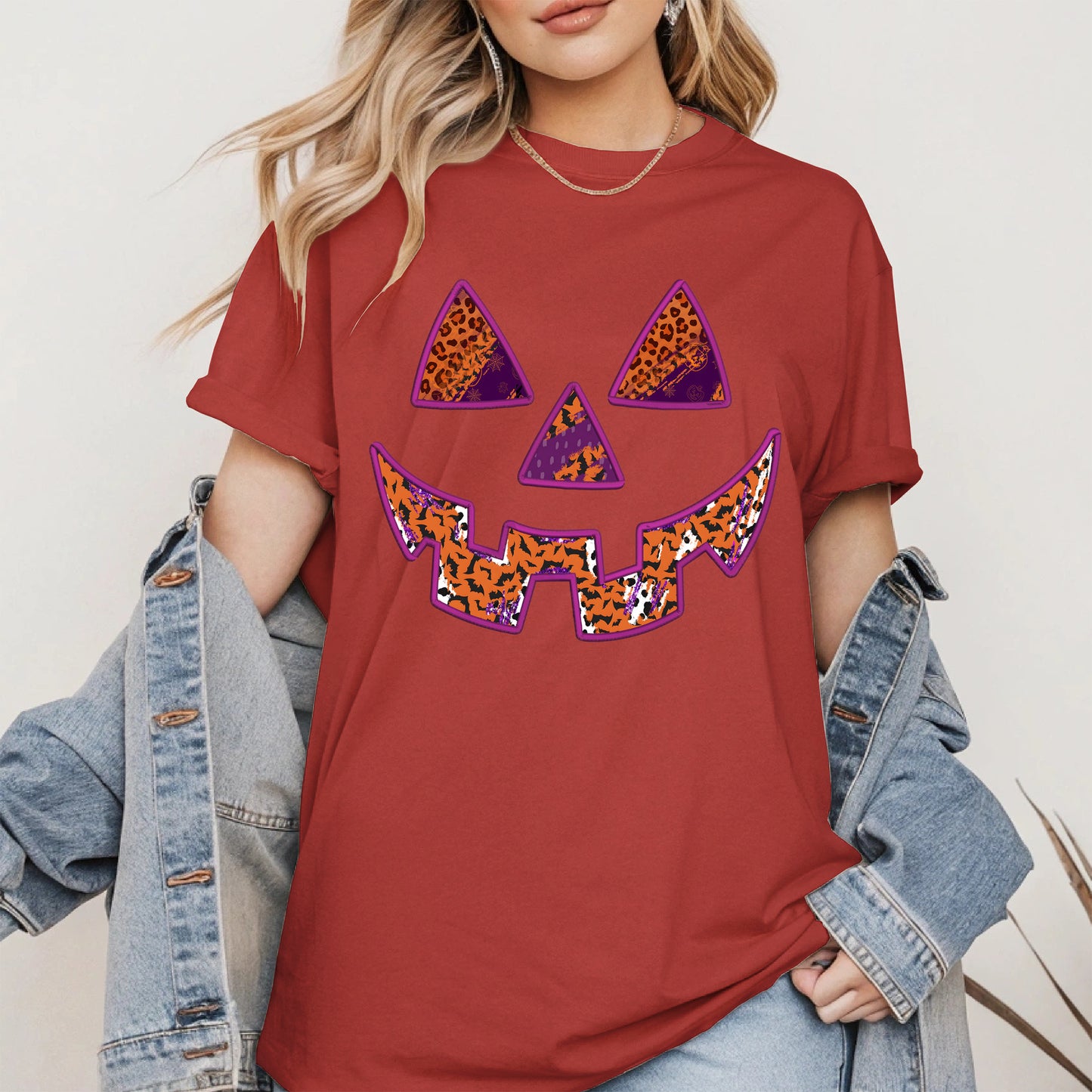 Pumpkin Face Faux Embroidery shirt