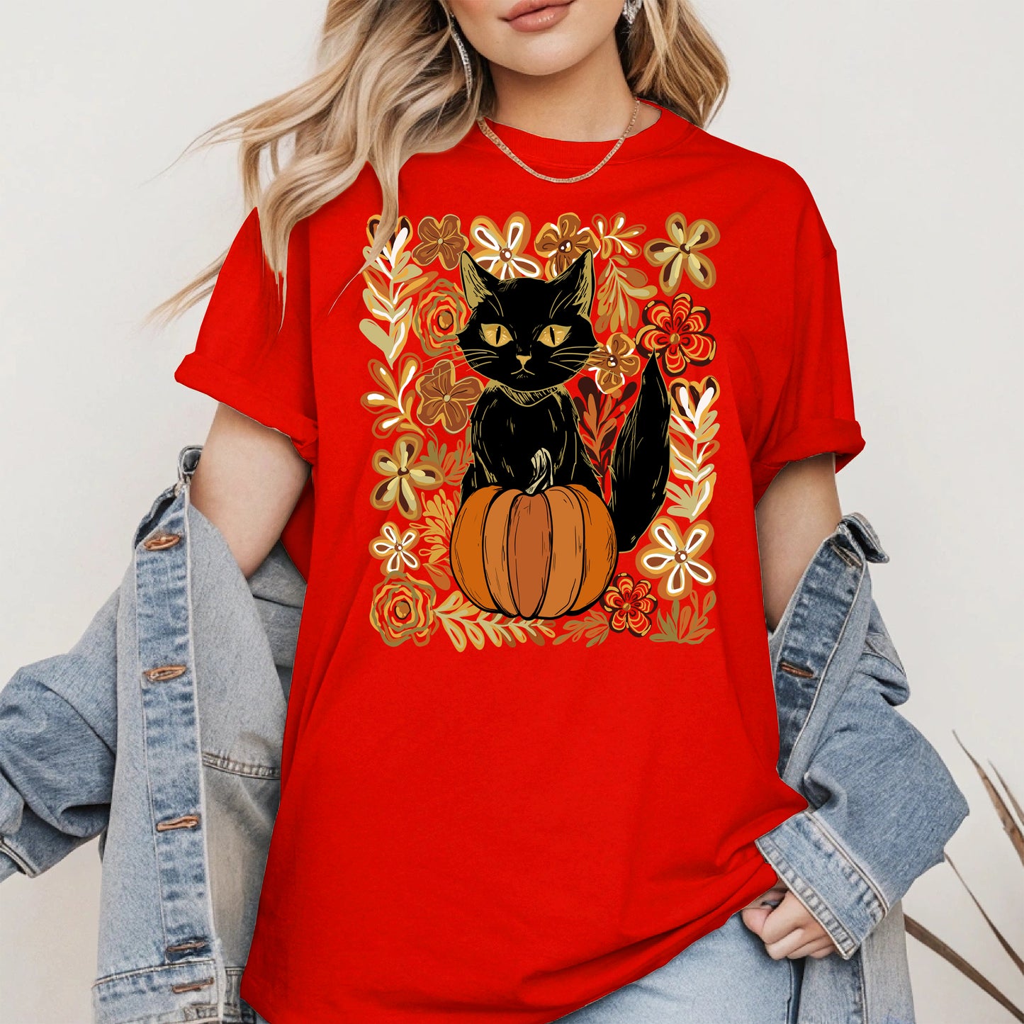 Floral Black cat Pumpkin halloween shirt