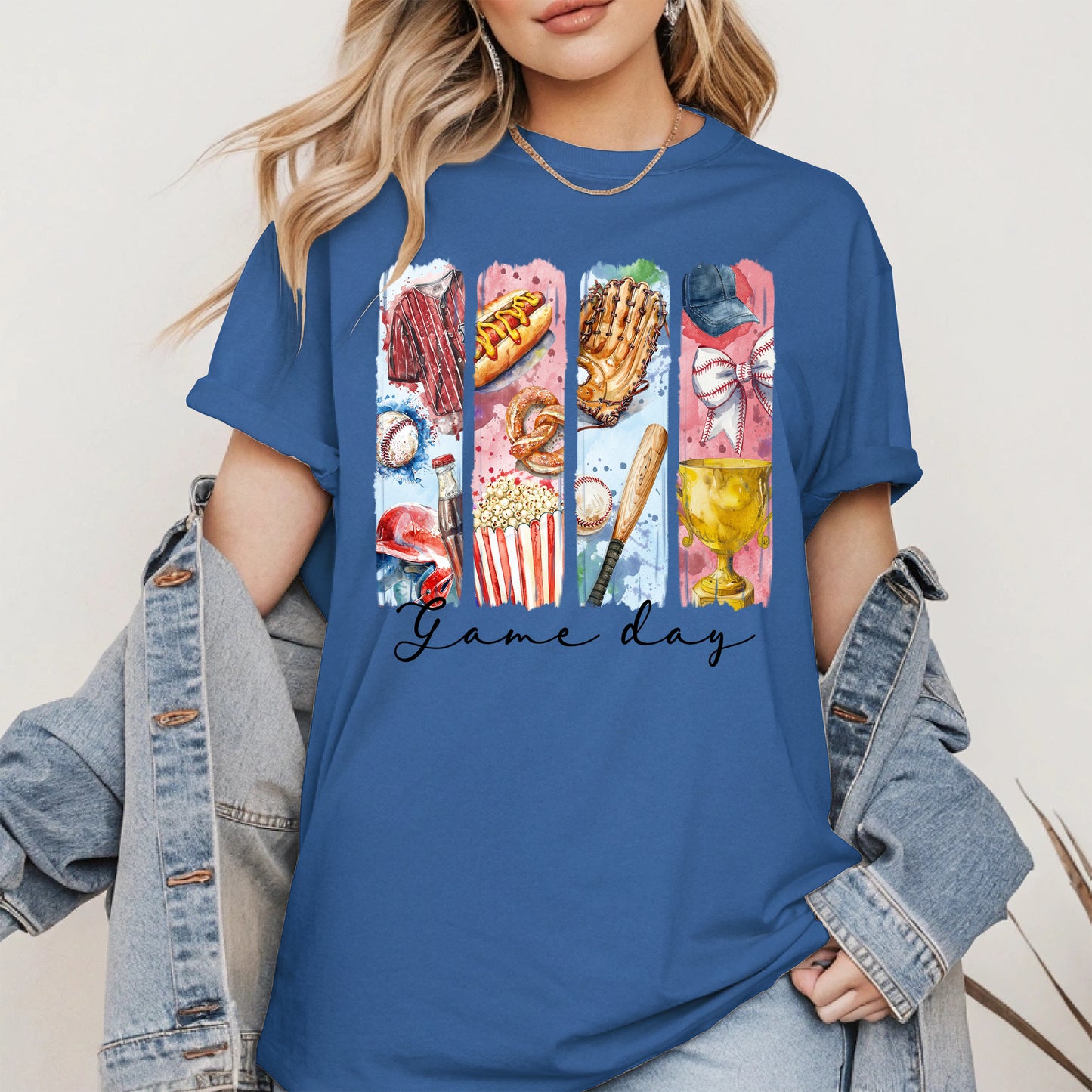Watercolor Hotdog, Bat & Trophy Baseball Sport Shirt
