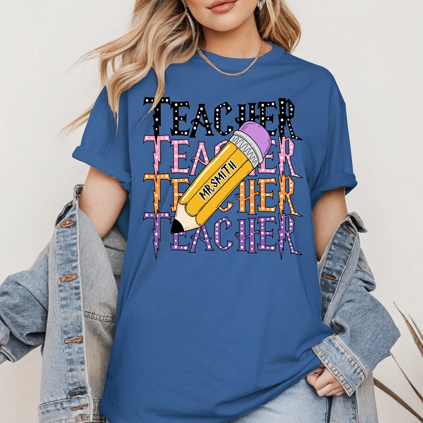 Retro Teacher Shirt with Personalized Pencil Name
