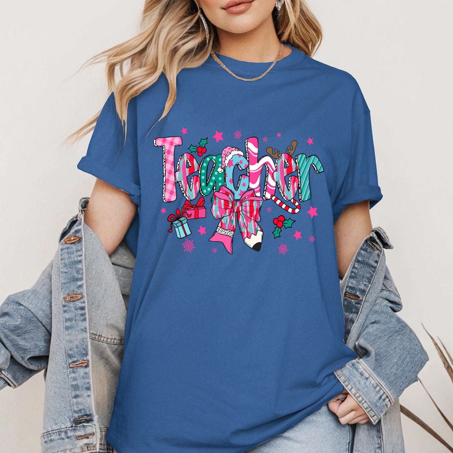 Christmas Teacher Shirt with Gifts and Bow