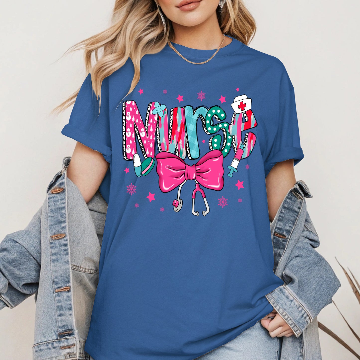 Nurse Christmas Shirt with Pink Bow and Holiday Icons