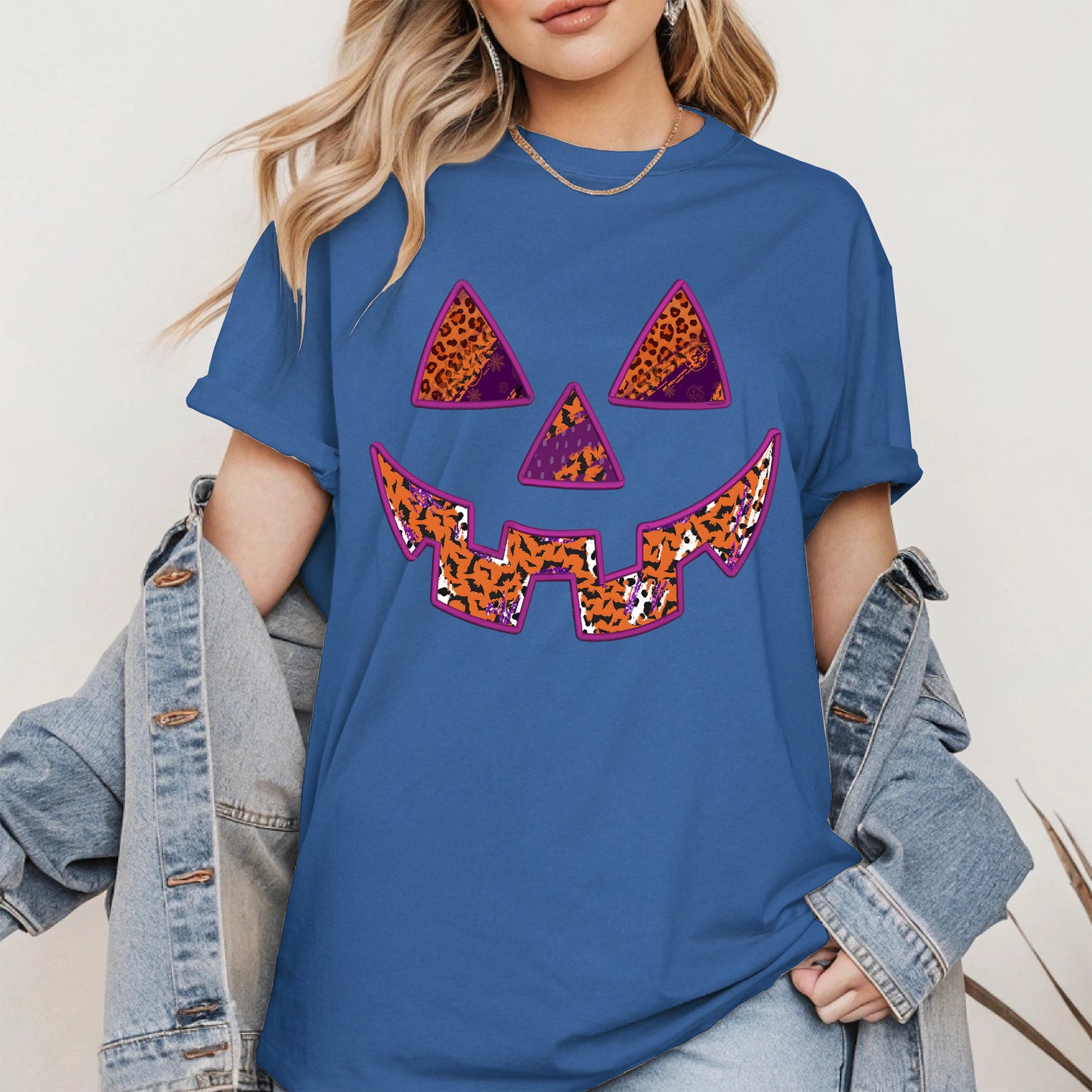 Pumpkin Face Faux Embroidery shirt